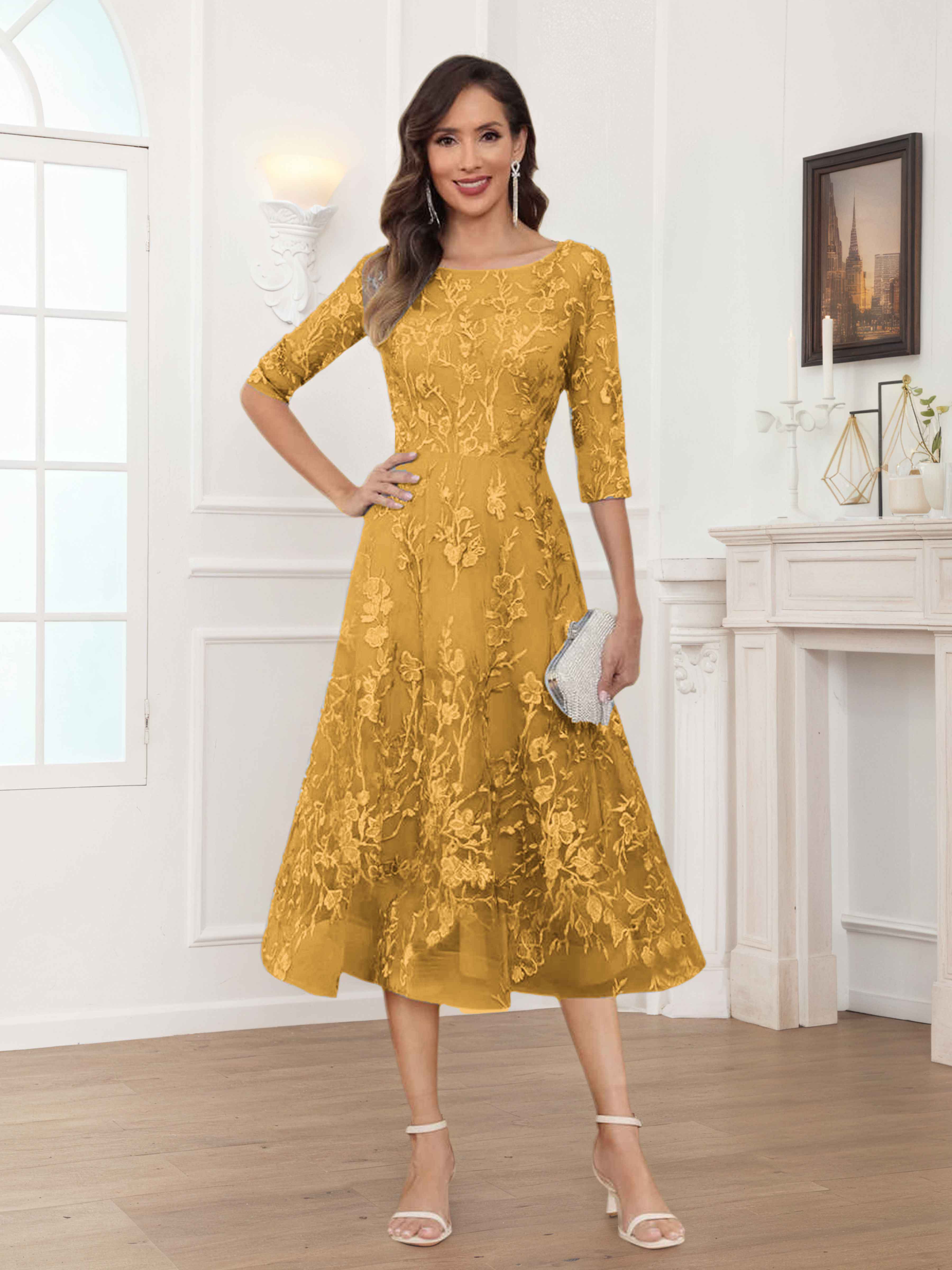 Pax Exquisite A-Line Illusion Lace Tea Length Mother of The Bride Dres