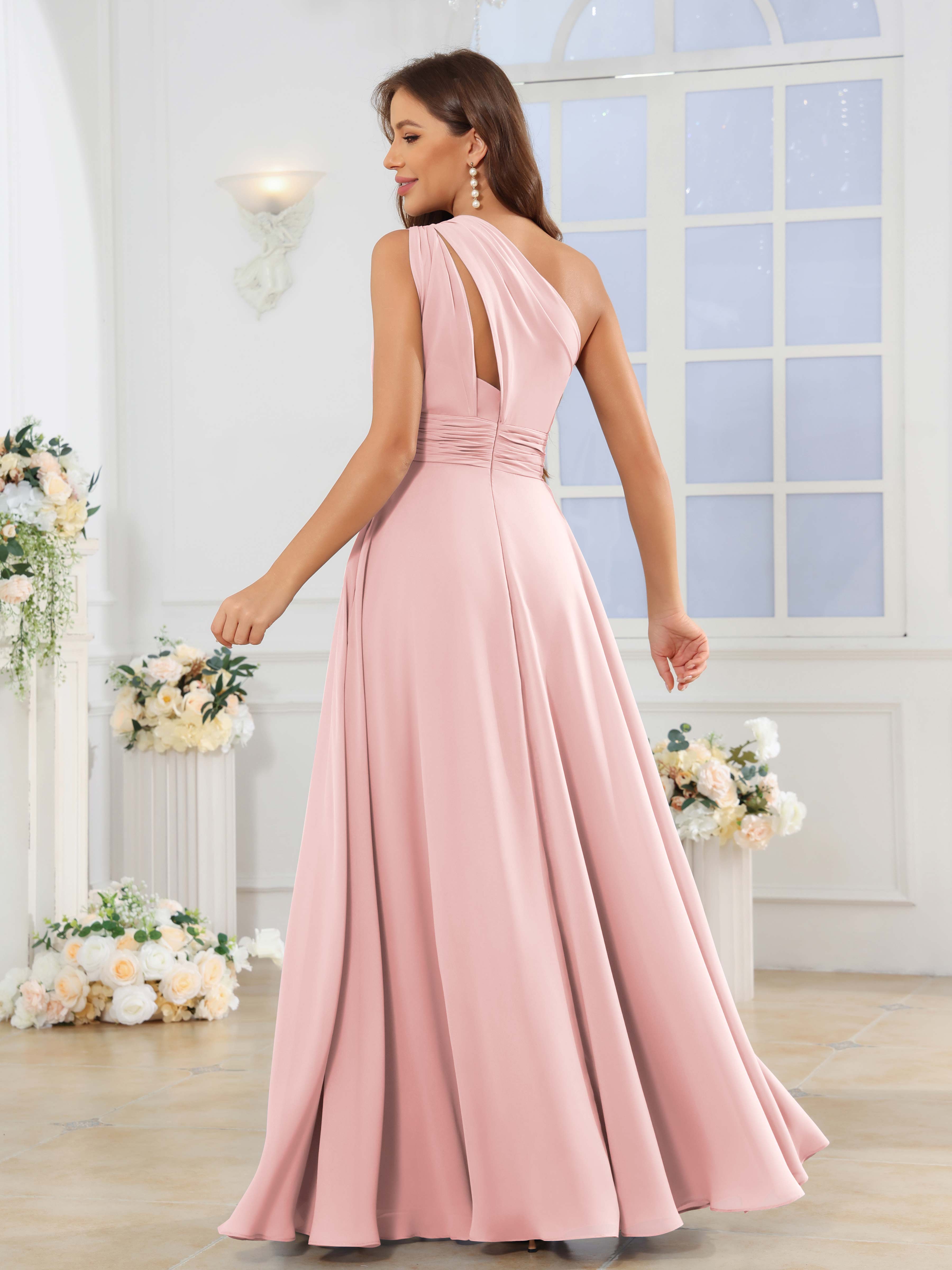 Naeris Timeless One Shoulder Ruched Long Chiffon Bridesmaid Dresses, Blushing Pink