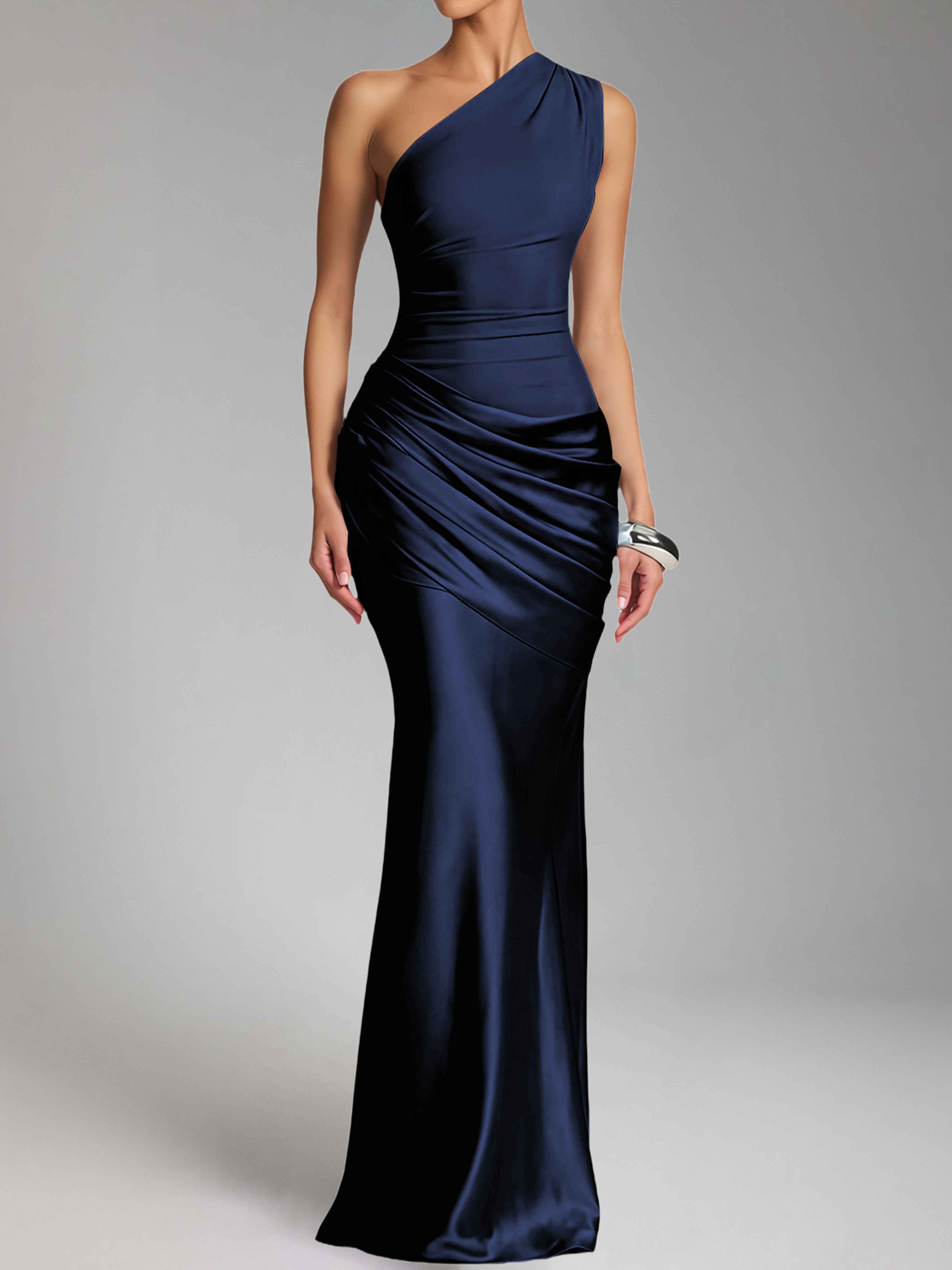 Jaelithra Gorgeous One Shoulder Pleated Satin Long Prom Dresses