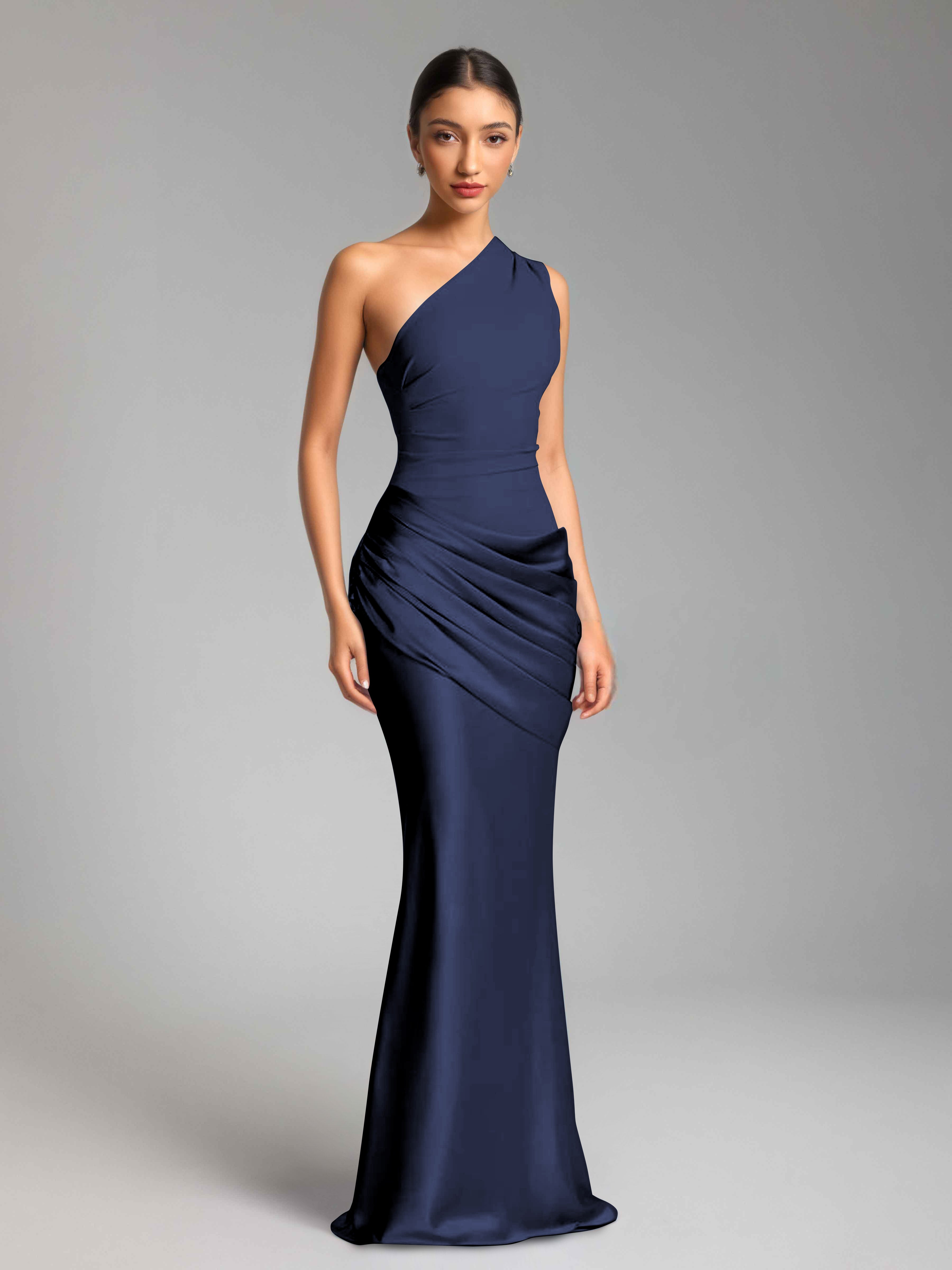 Jaelithra Gorgeous One Shoulder Pleated Satin Long Prom Dresses
