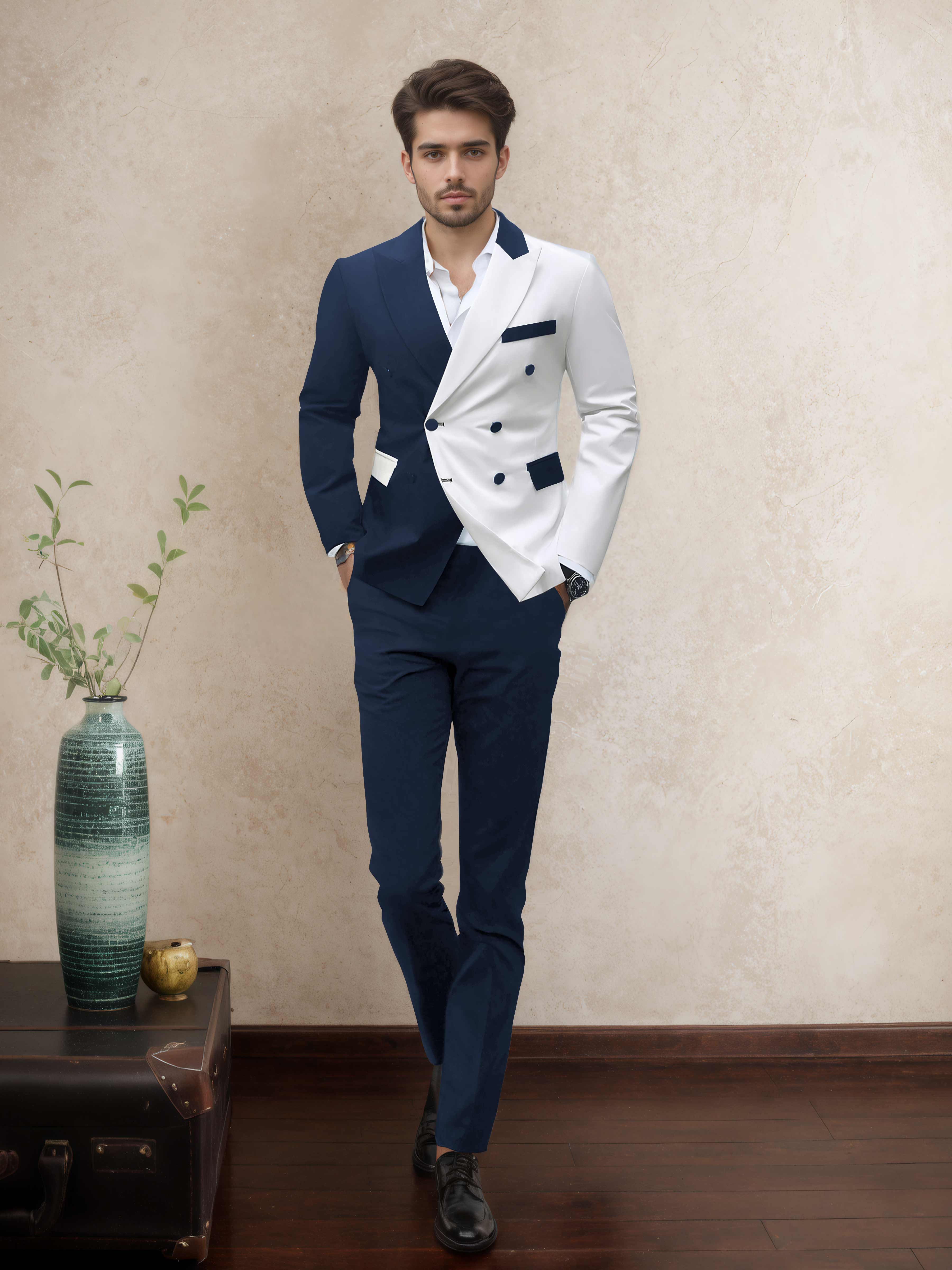 Refined 2 Pieces Men’s Evening Suit Tailored Fit Double Breasted Peak Lapel Contrast