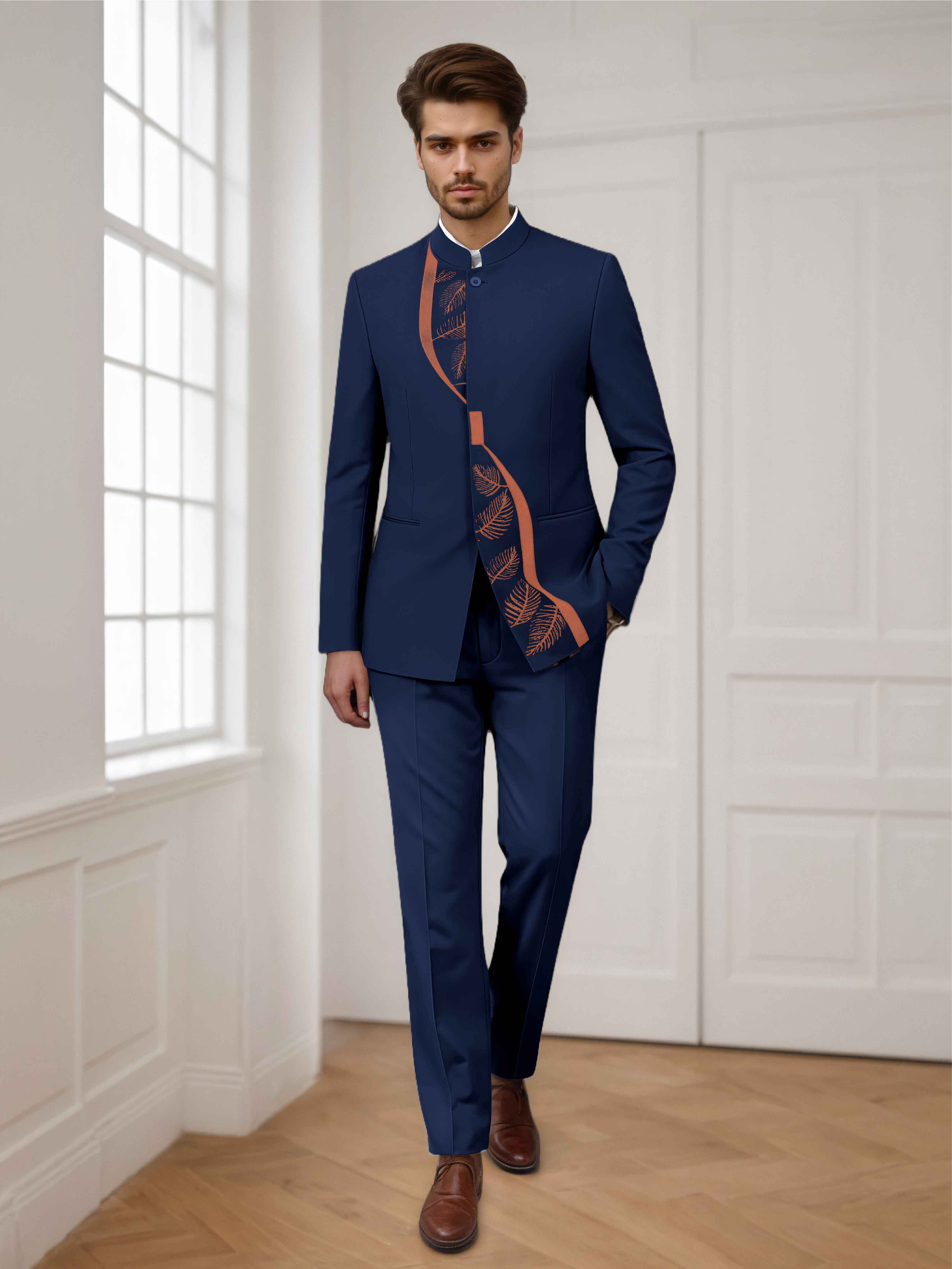 Trendy 2 Pieces Men's Embroidered  Stand Lapel Formal Suit