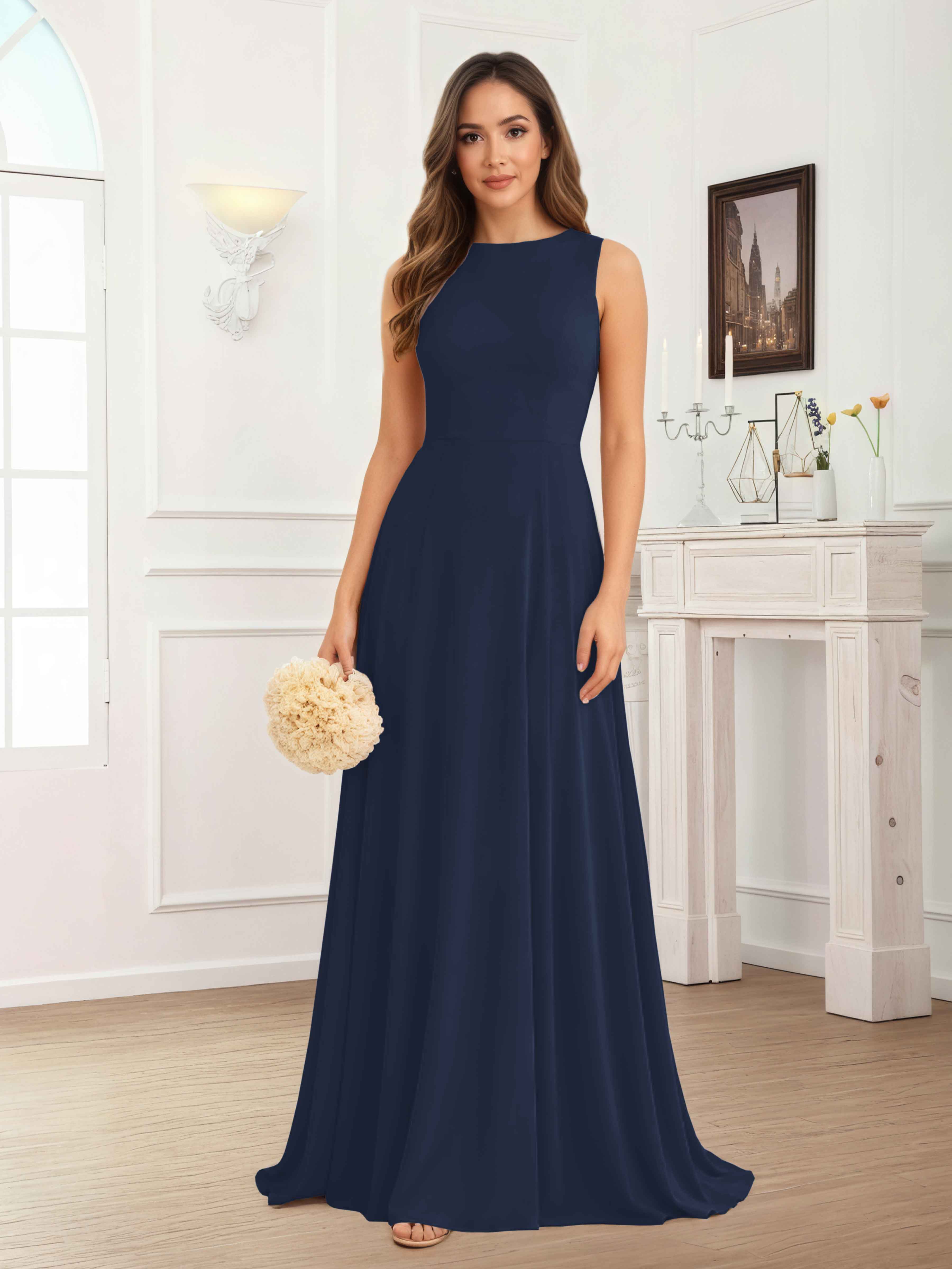 Fraelithra Modest Scoop A-Line Sleeveless Long Bridesmaid Dresses