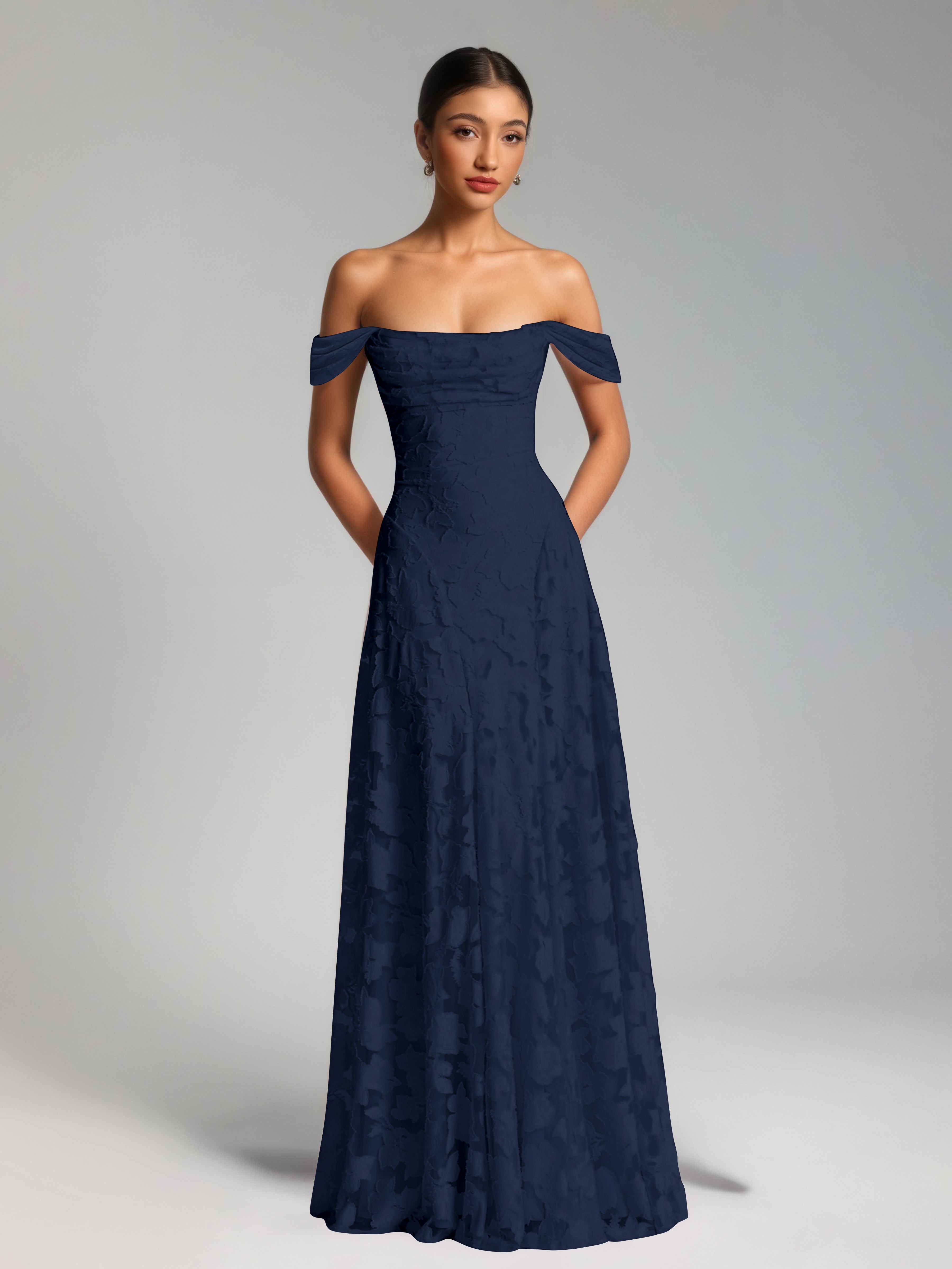 Oraelithra Charming A-Line Off the Shoulder Long Jacquard Bridesmaid Dresses