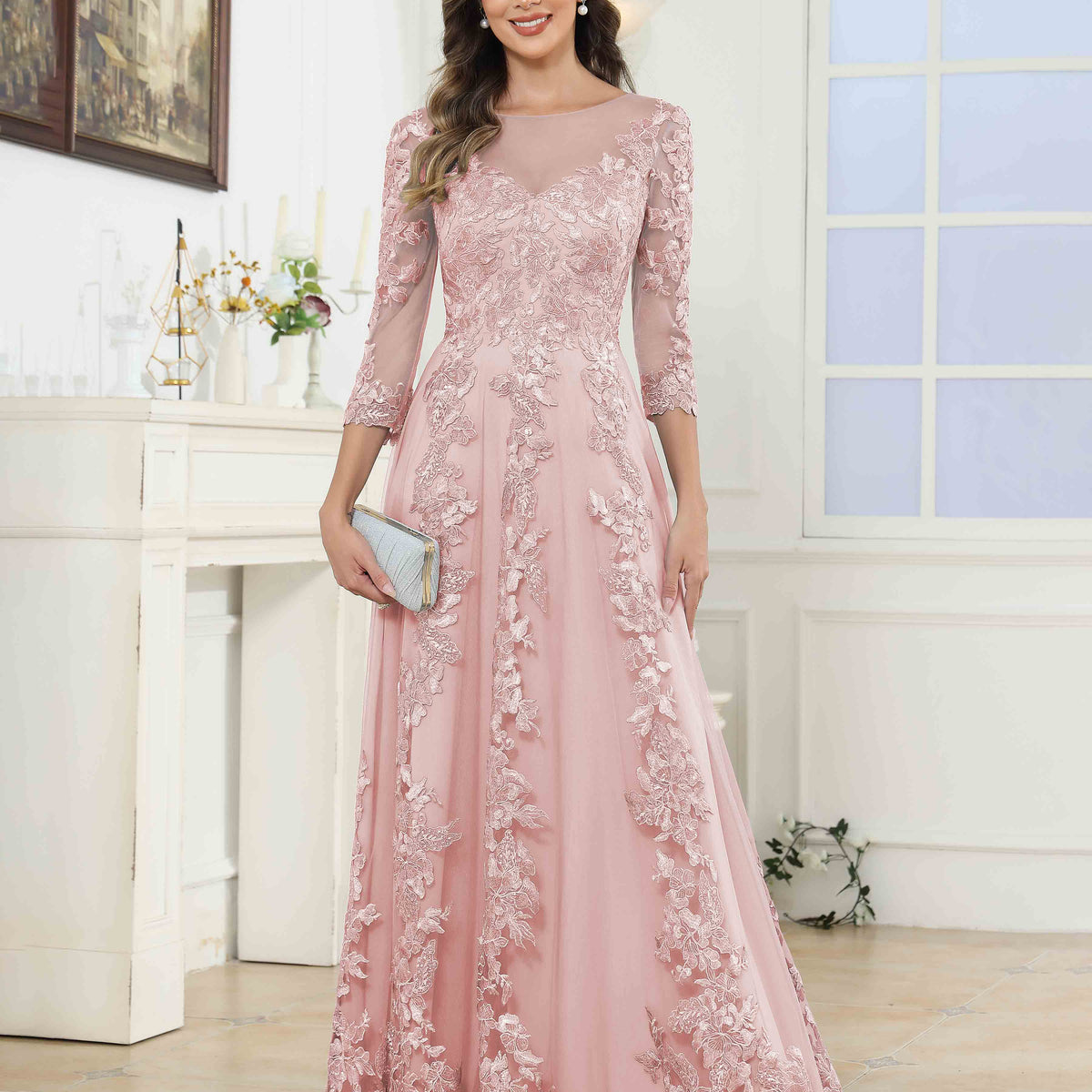 3/4-sleeve illusion lace and mesh bridesmaid dress Nellie Charming A-line Sleeves Sequins Tulle Floor Length Mother of The Bride Dresses, Blushing Pink Size:6 | 39 Floral Appliques 4 calvin-klein The Lynnewood Wedding Dress