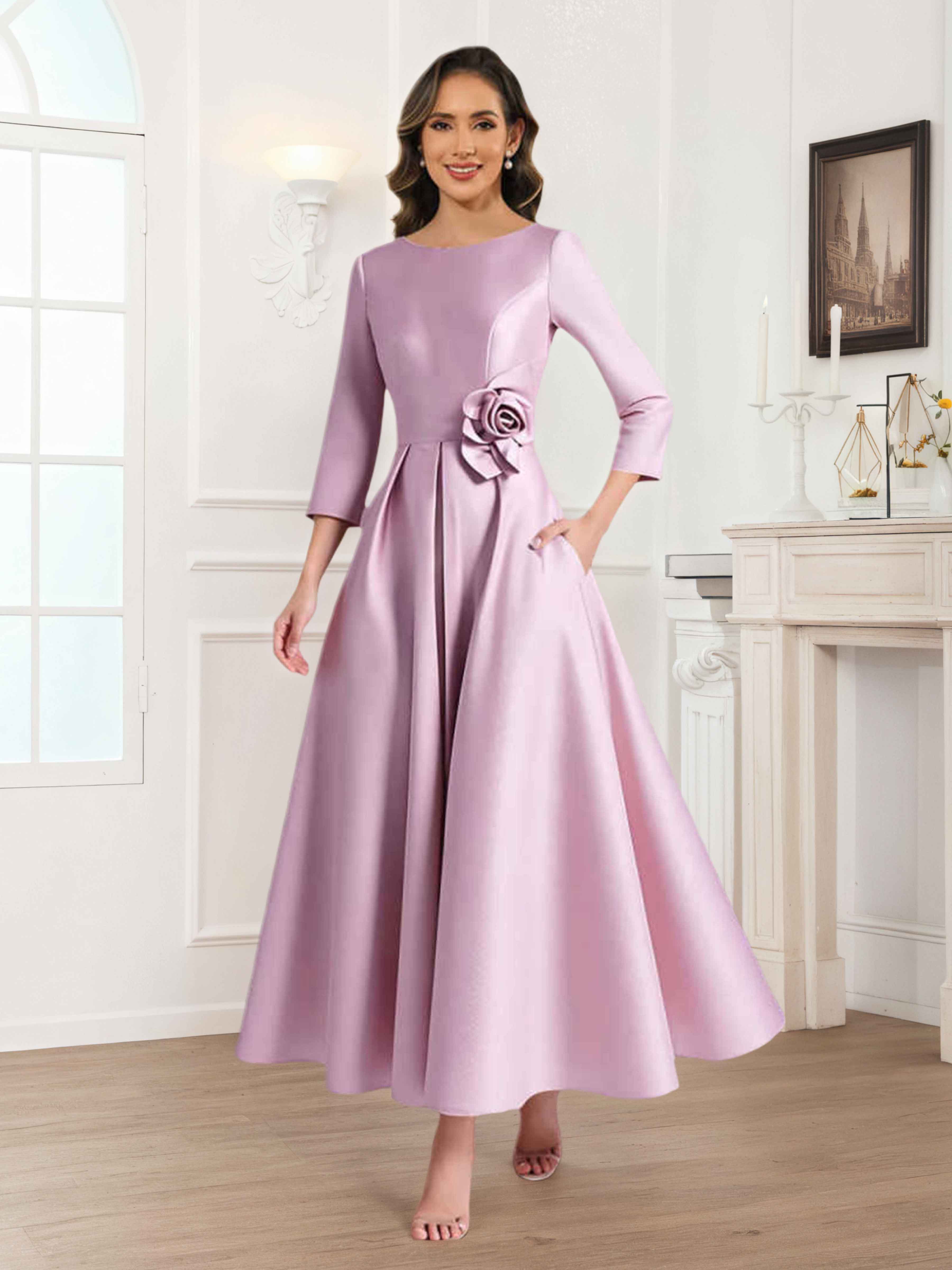 Nerine A-Line Long Sleeves Flower Pleated Satin Mother of The Bride Dresses