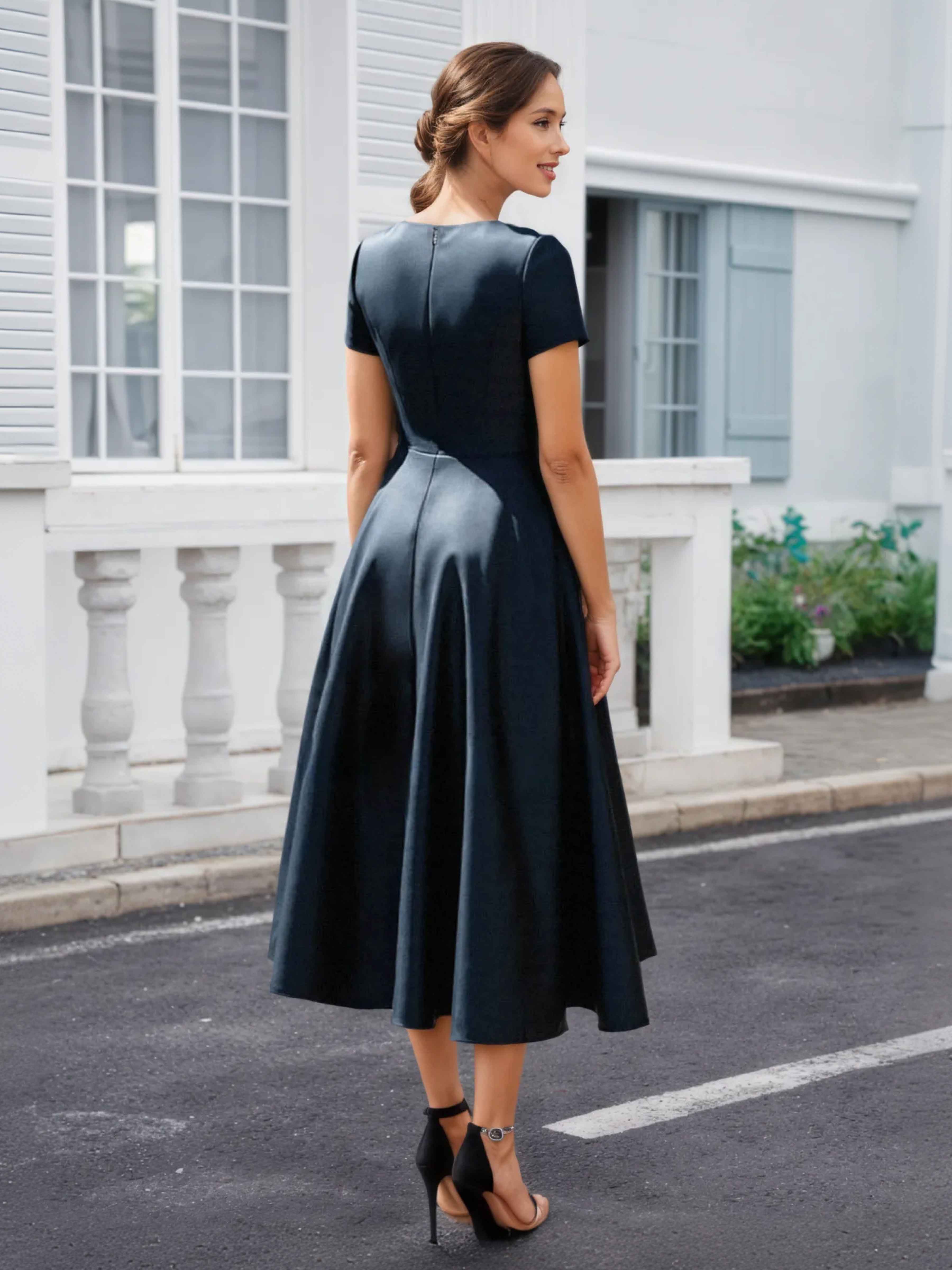 Oletha Timeless Short Sleeves Ruched Tea Length Satin Mother of The Bride Dresses