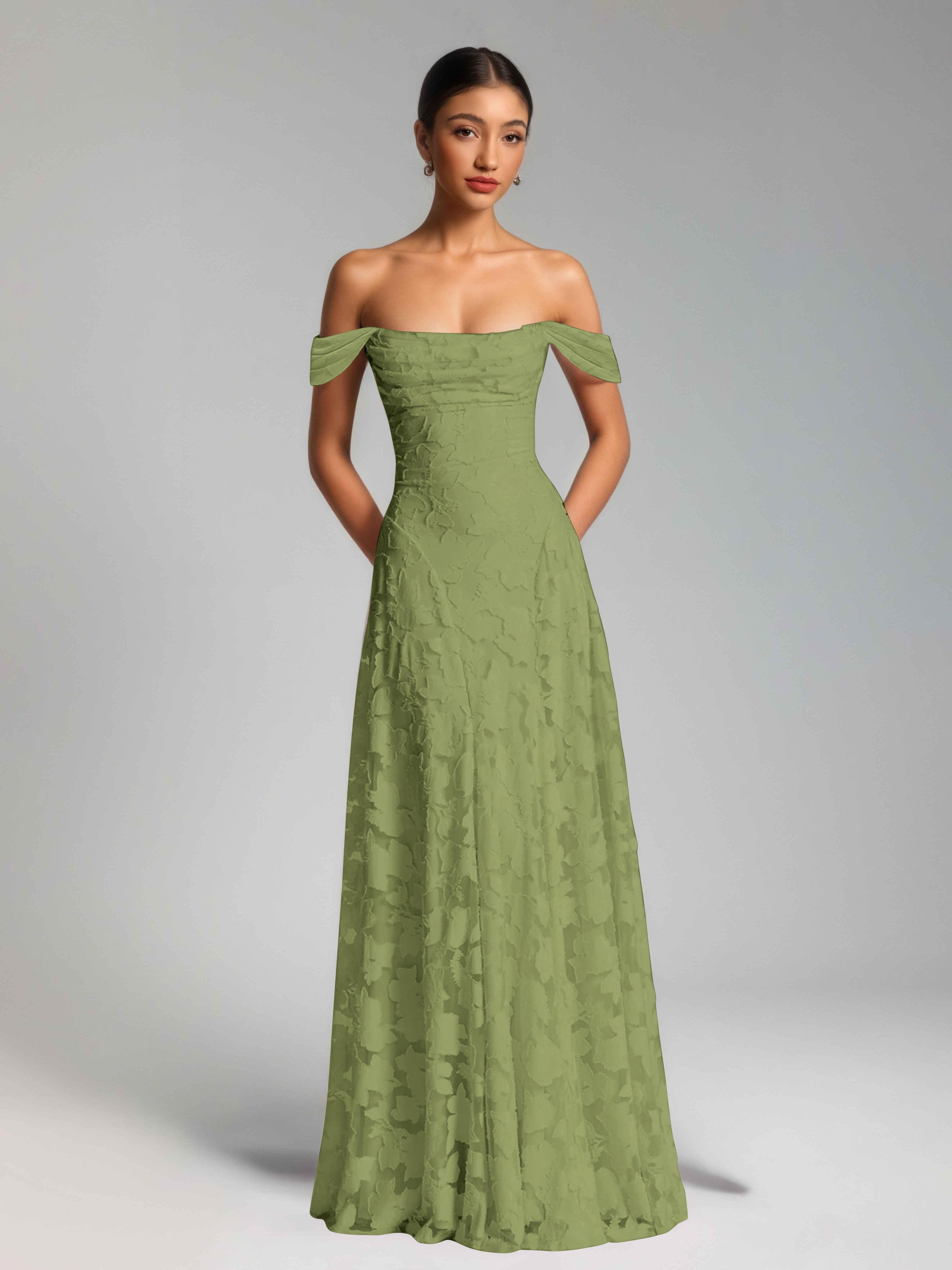 Oraelithra Charming A-Line Off the Shoulder Long Jacquard Bridesmaid Dresses