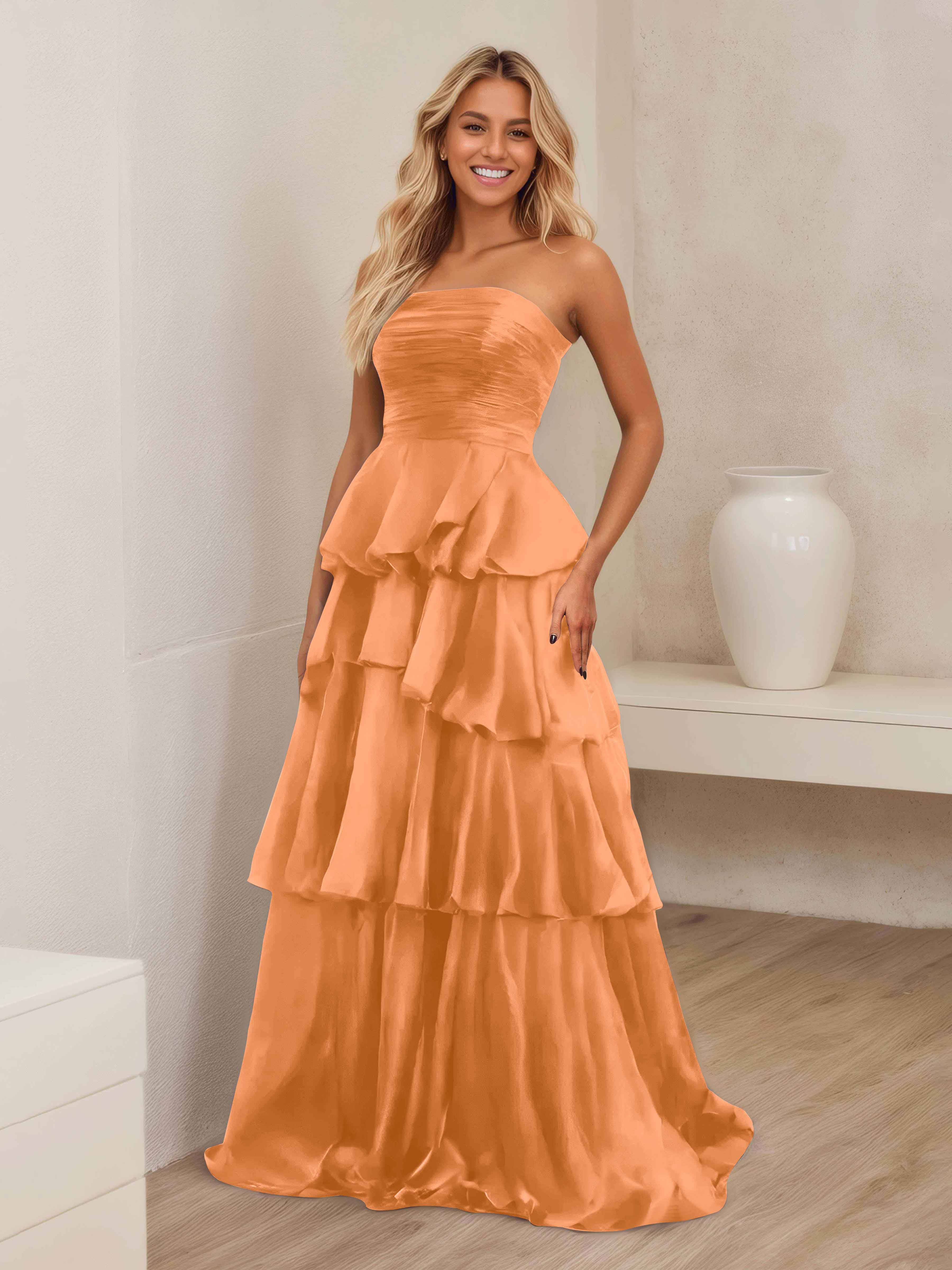 Ellianna Stunning A-Line Strapless Ruched Tiered Floor Length Satin Formal Dresses
