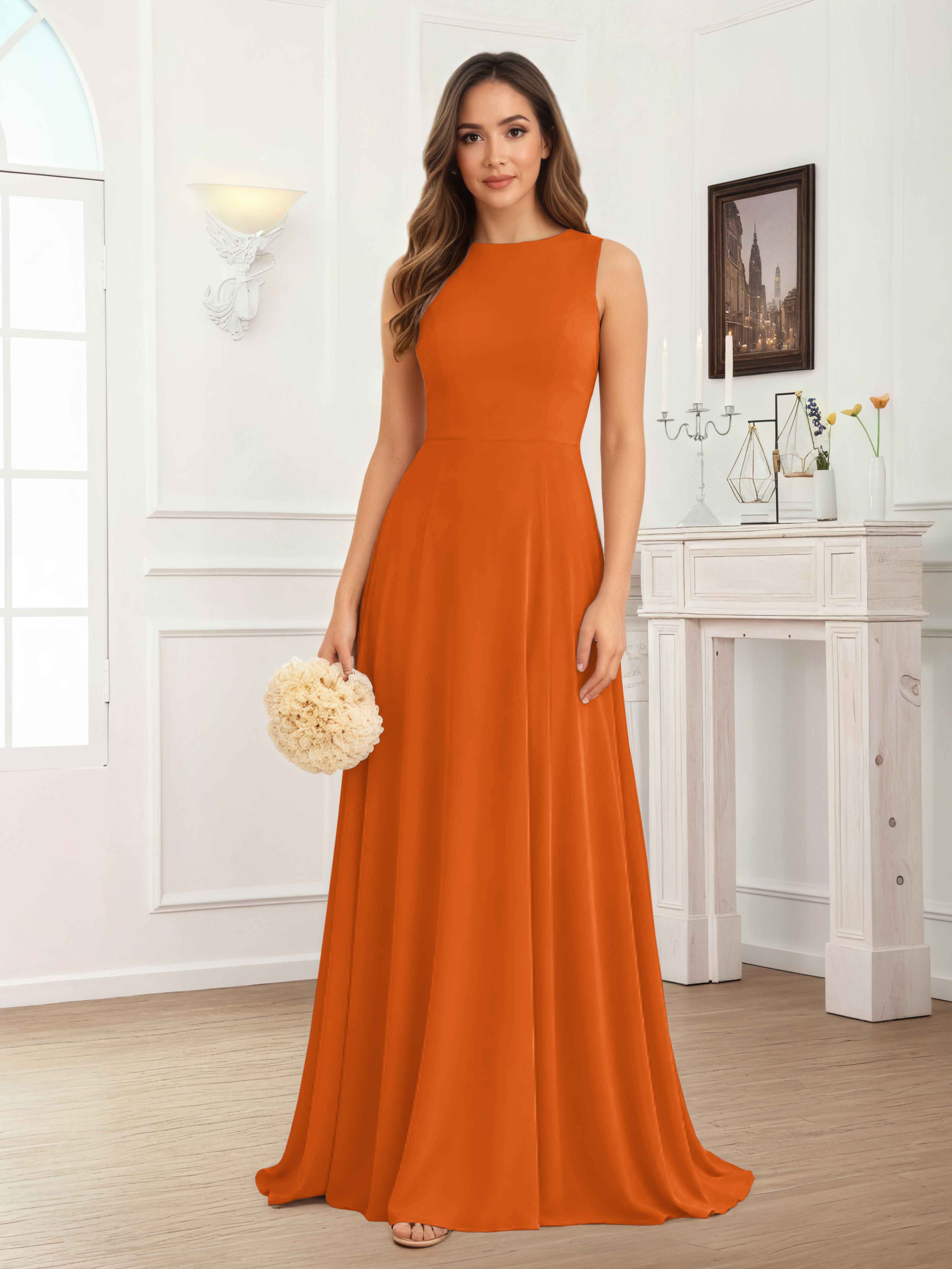 Fraelithra Modest Scoop A-Line Sleeveless Long Bridesmaid Dresses