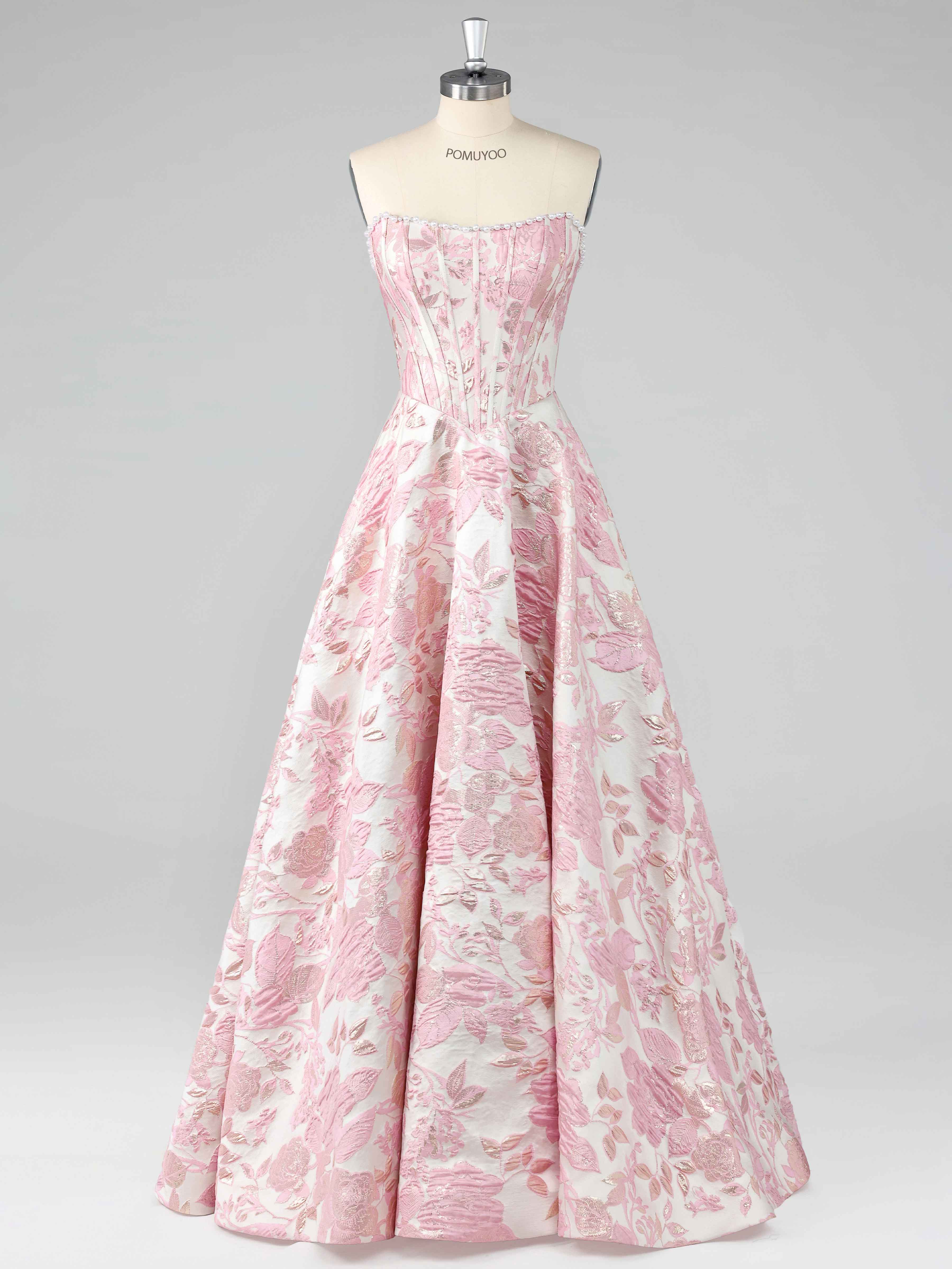 Pink A-Line Strapless Pearl Jacquard Satin Long Prom Dresses