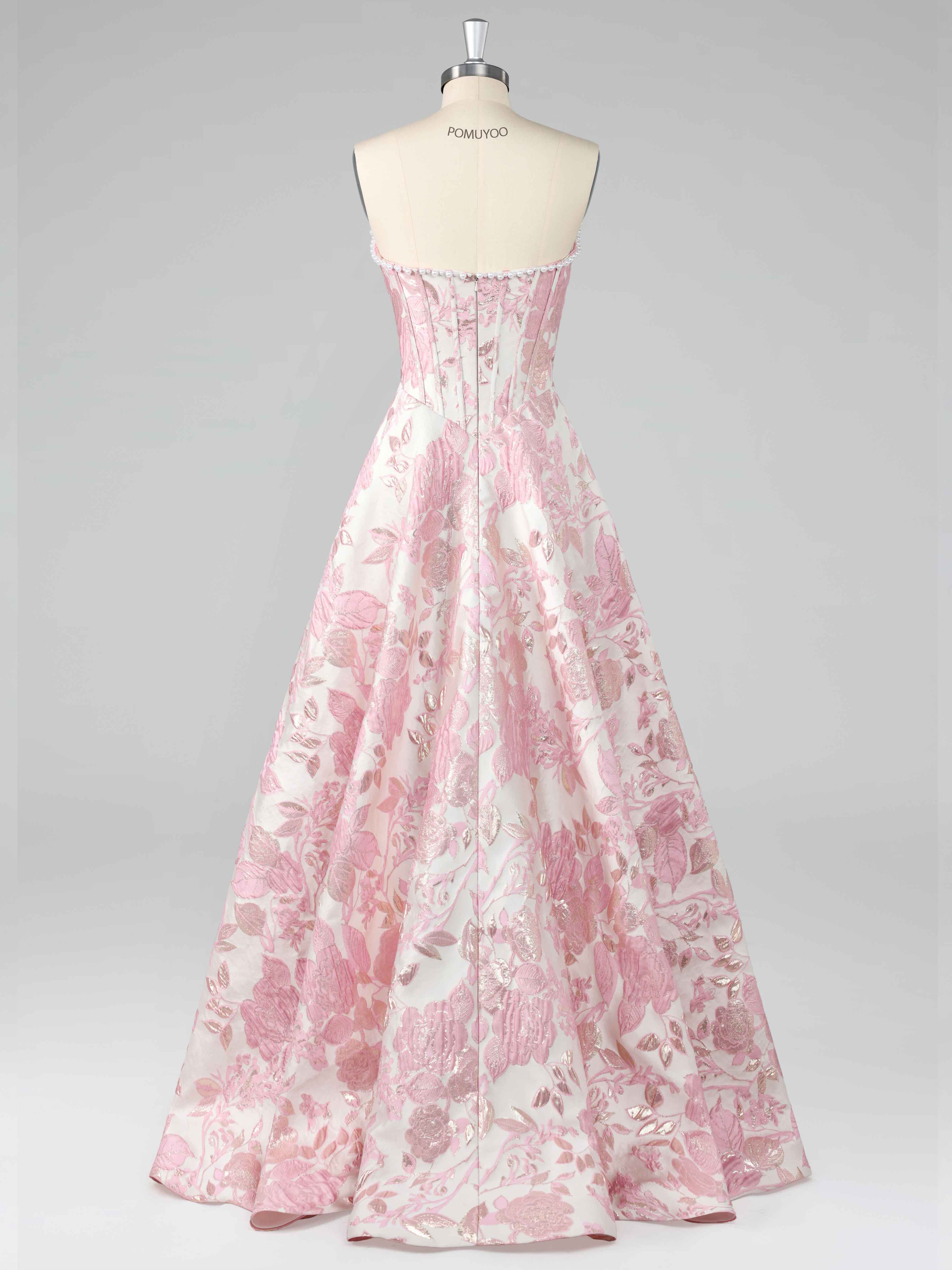 Pink A-Line Strapless Pearl Jacquard Satin Long Prom Dresses