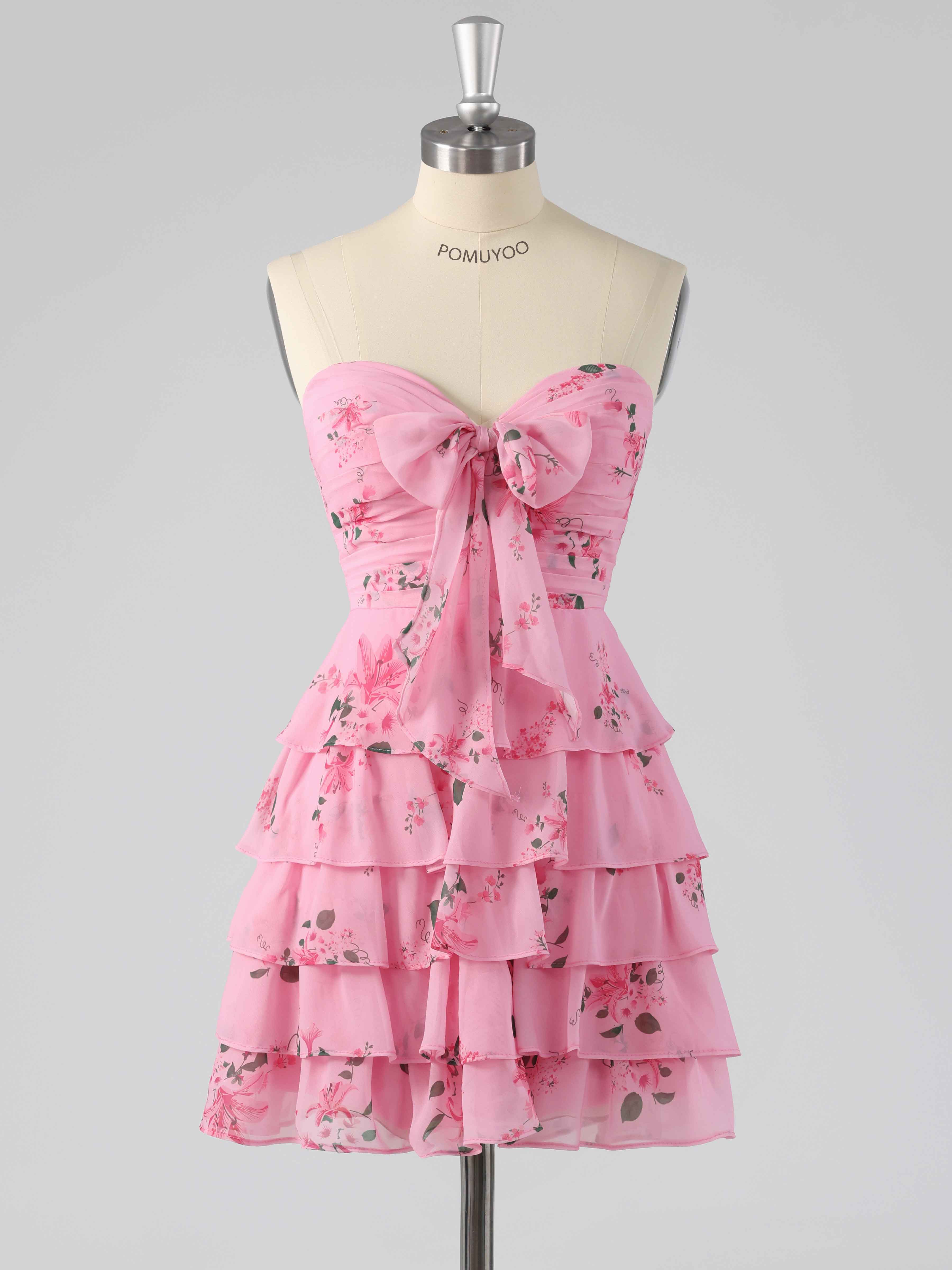 Pink Delicate Sweetheart Tiered Floral Print Short Homecoming Dress with Bow