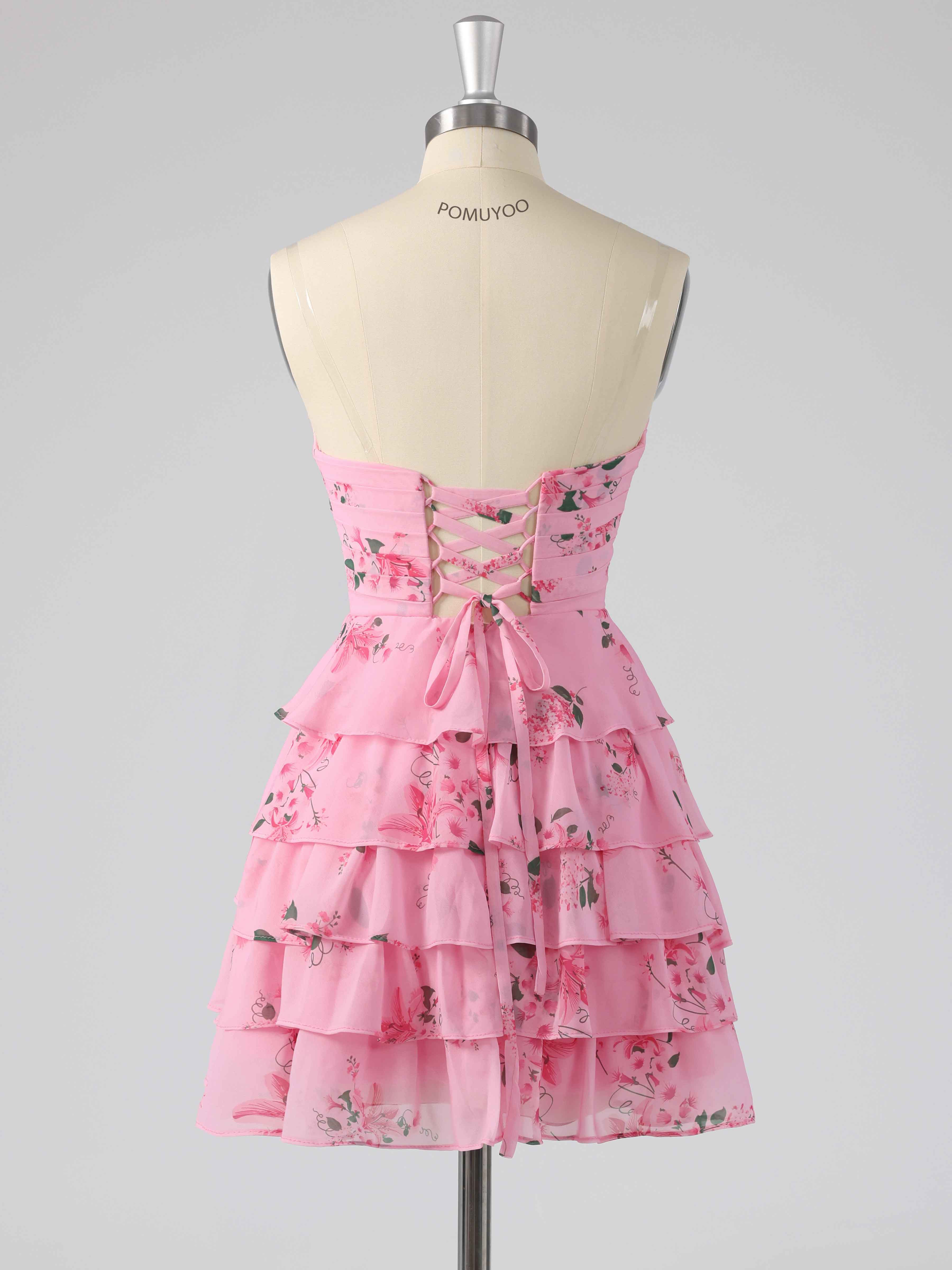 Pink Delicate Sweetheart Tiered Floral Print Short Homecoming Dress with Bow