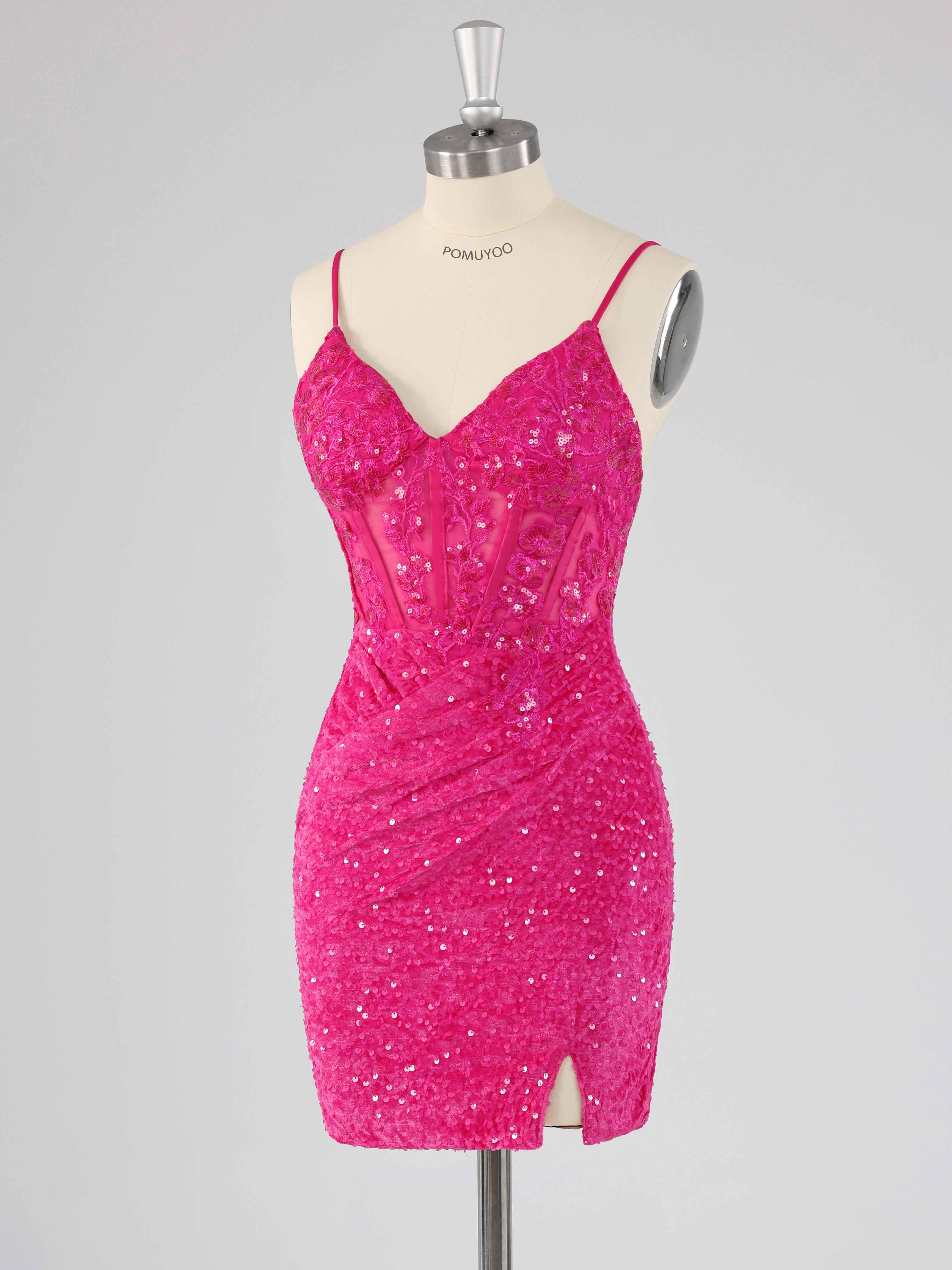 Pink V-Neck Mini Sequin Homecoming Dresses