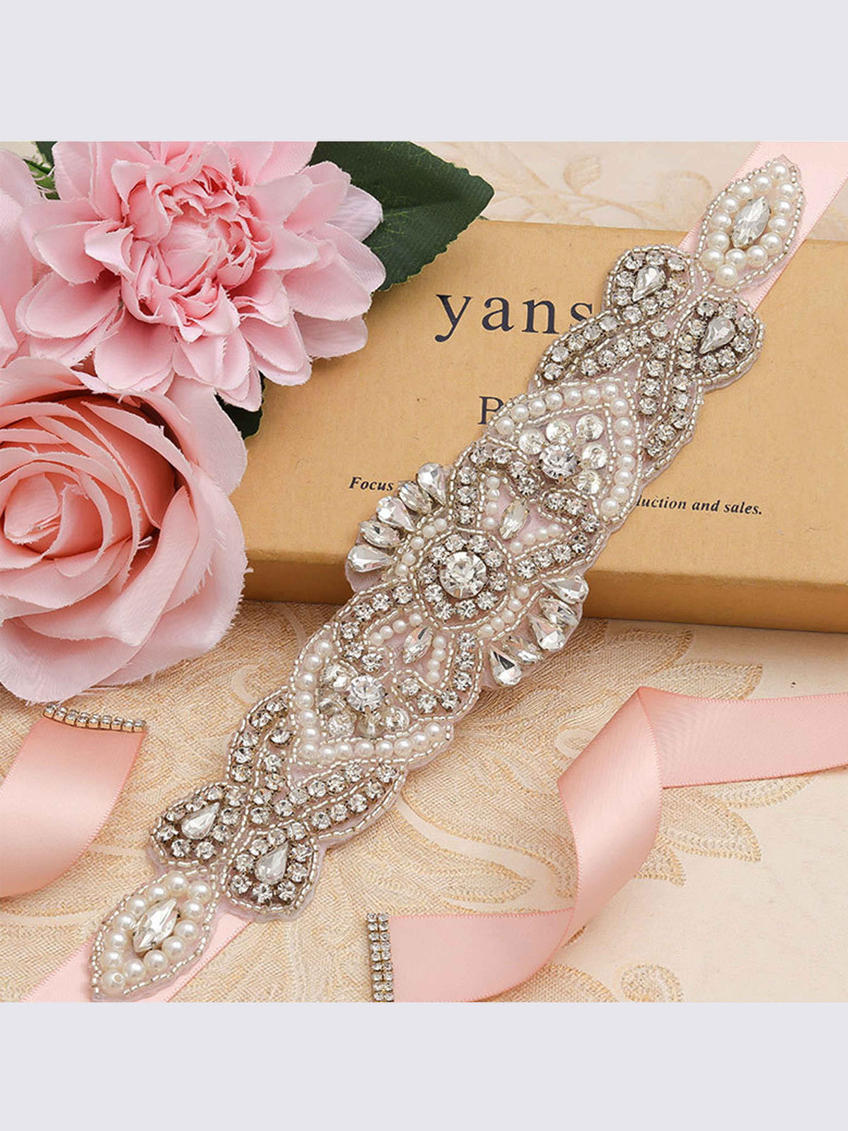 Vintage Crystal Pearl Waistband, Luxurious Ribbon Sash Belt
