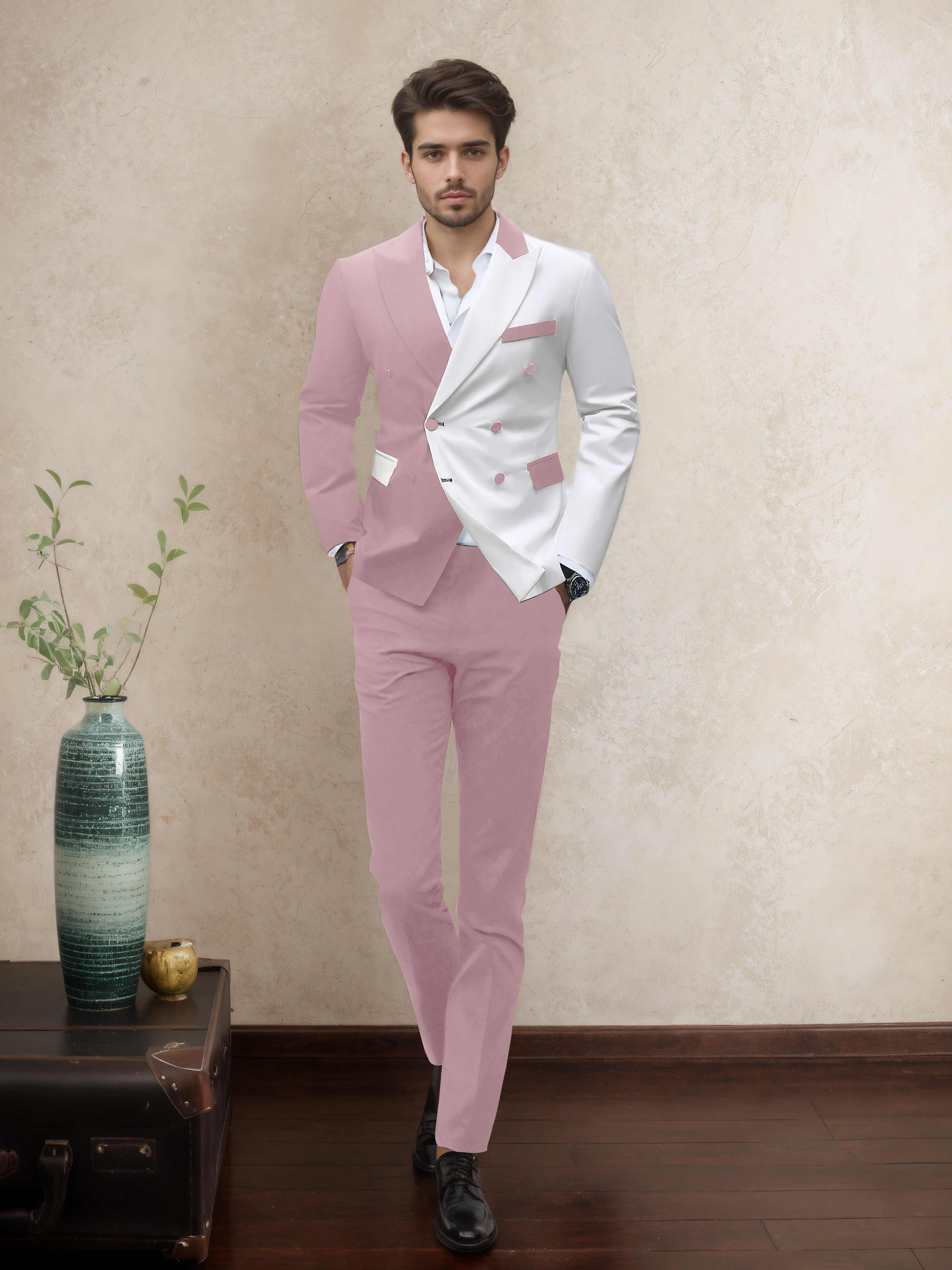 Refined 2 Pieces Men’s Evening Suit Tailored Fit Double Breasted Peak Lapel Contrast