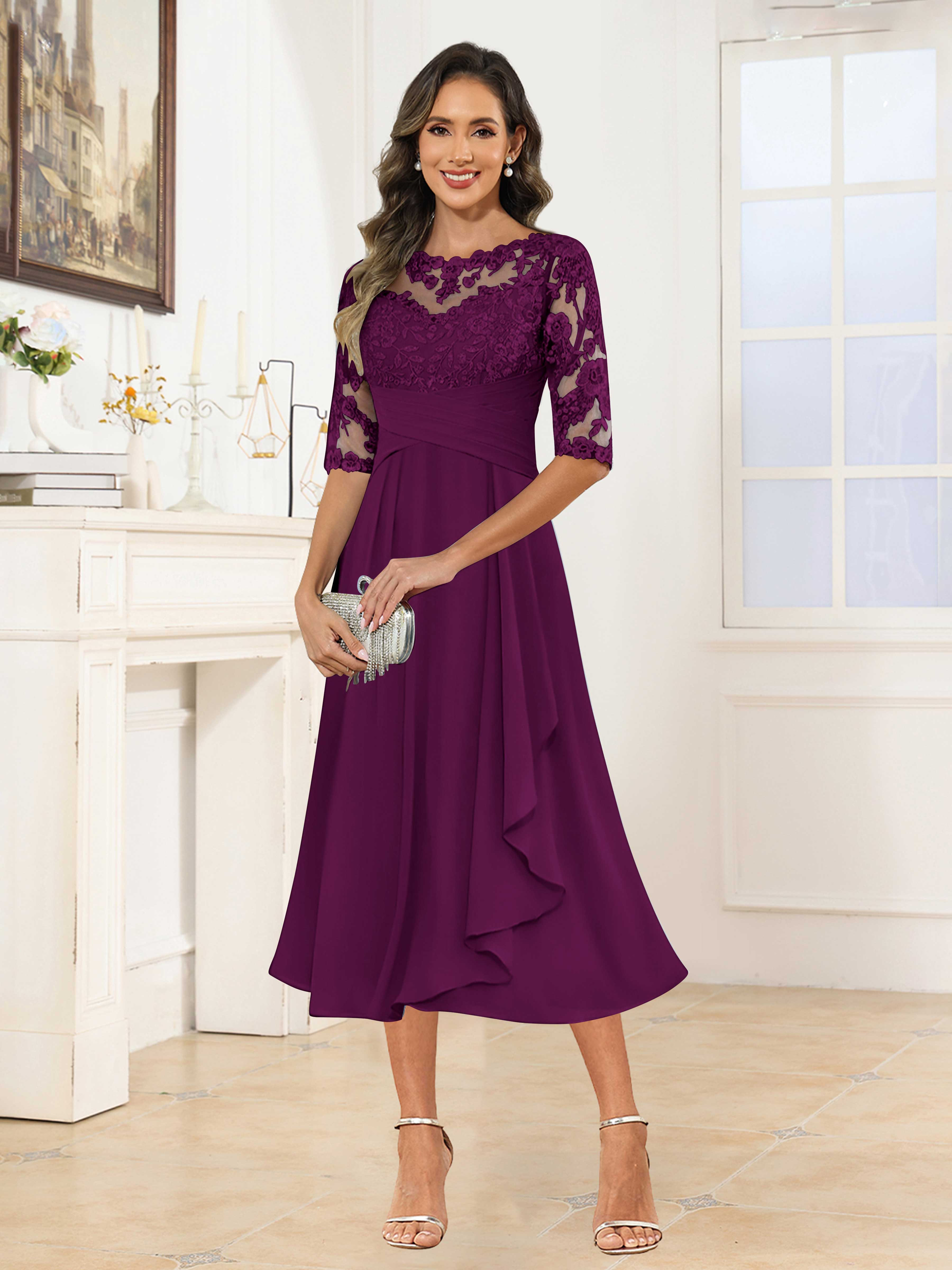 Traelithra Charming Illusion Ruffles Lace Tea Length Chiffon Mother of the Bride Dresses