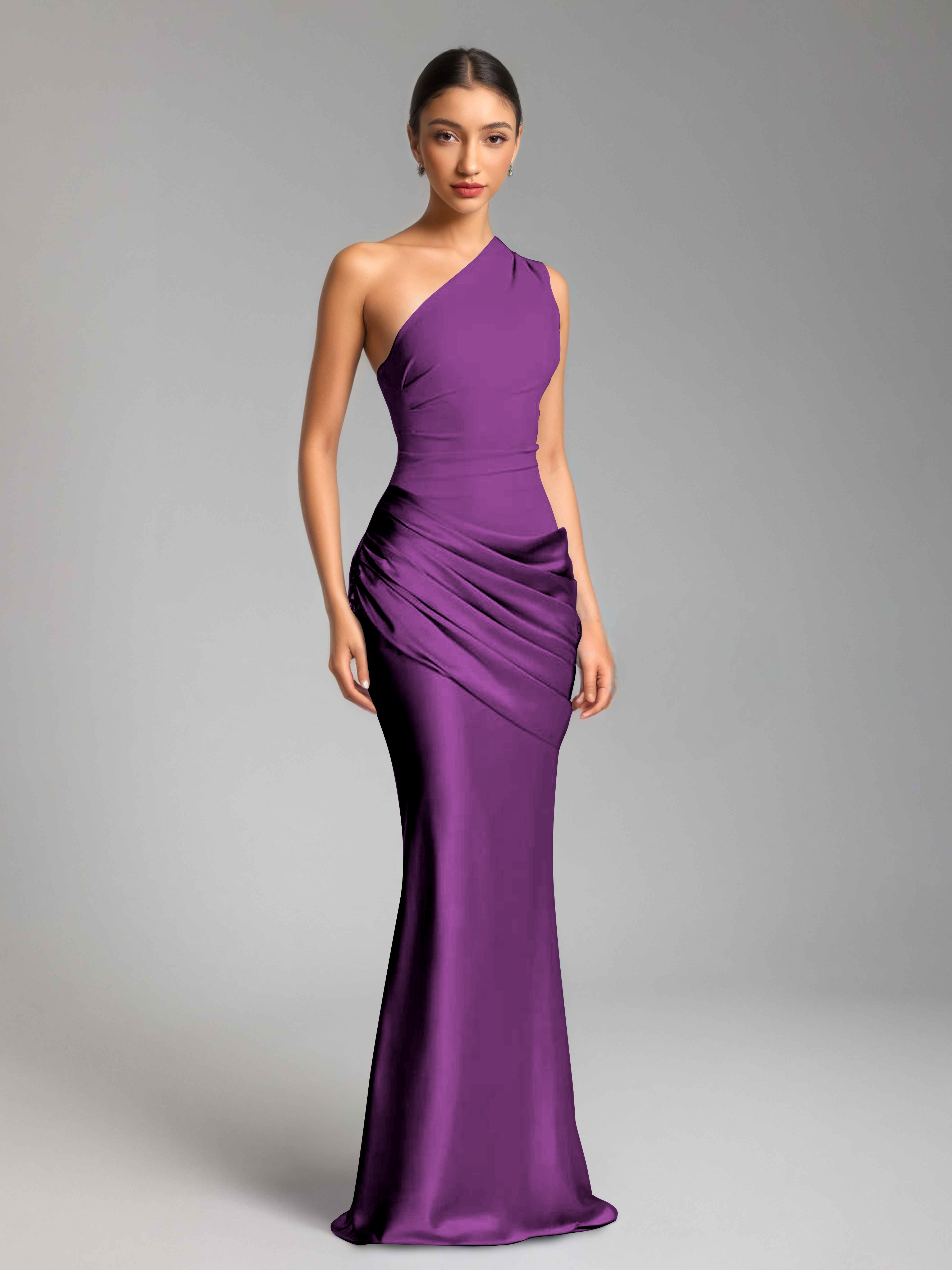 Jaelithra Gorgeous One Shoulder Pleated Satin Long Prom Dresses