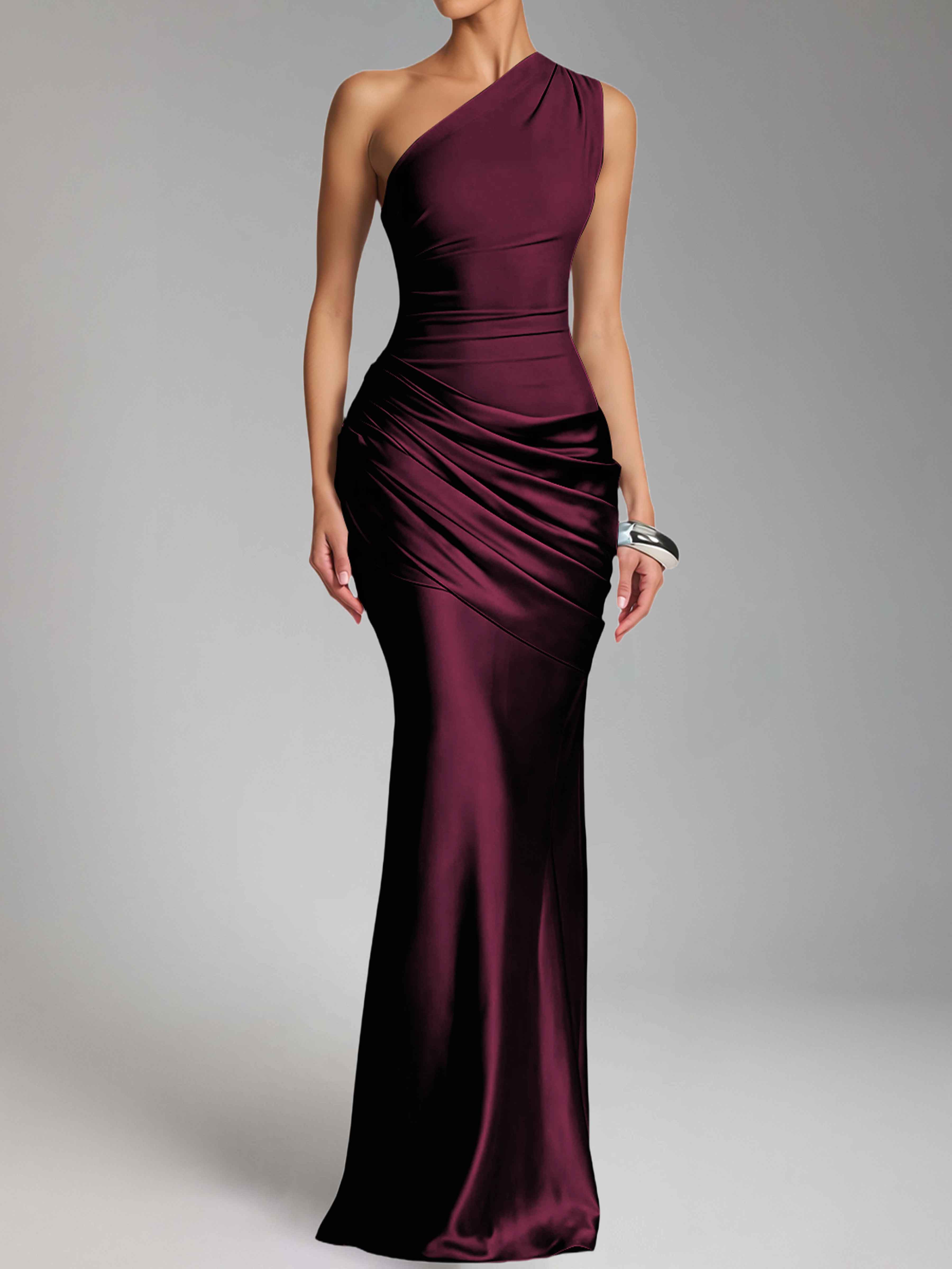 Jaelithra Gorgeous One Shoulder Pleated Satin Long Prom Dresses
