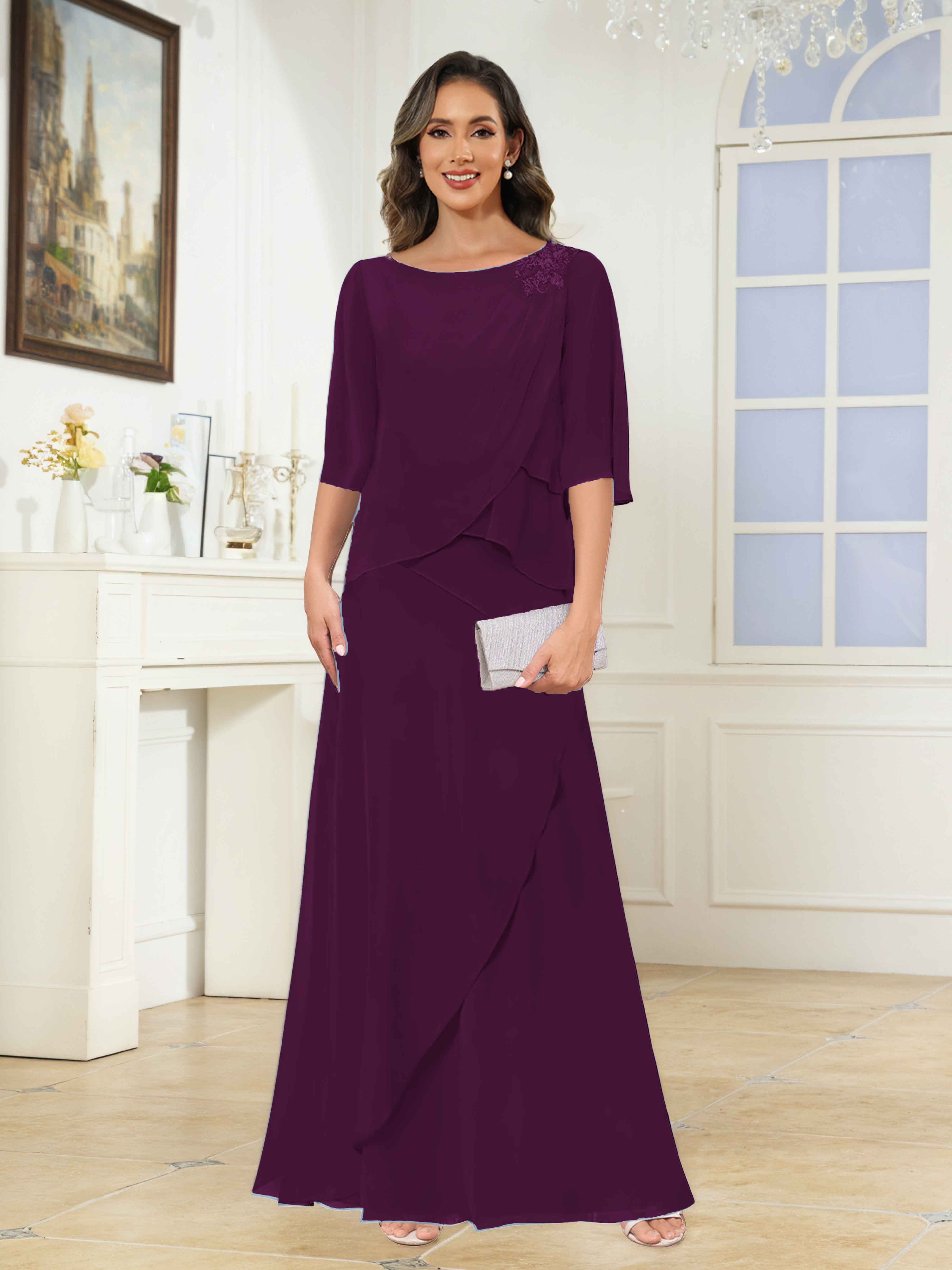 Larkin Flattering Scoop Tiered Appliques Floor Length Chiffon Mother of the Bride Dresses