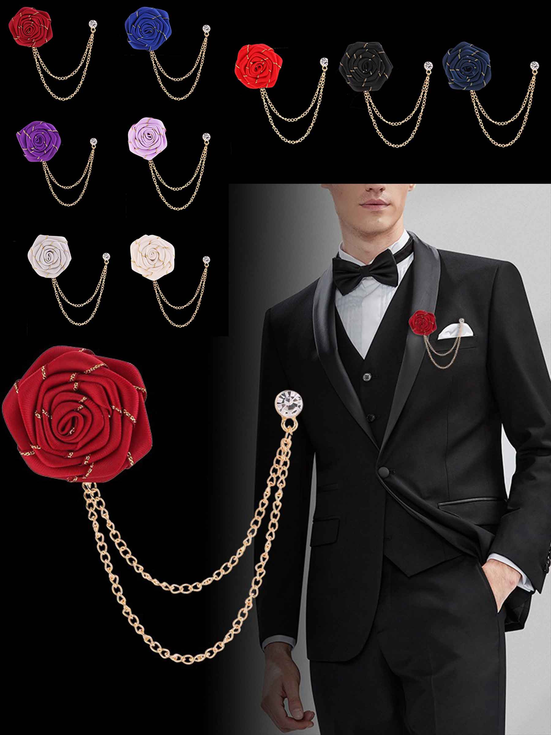 Pomuyoo Trendy Rose Flower Lapel Pins for Men's Suit