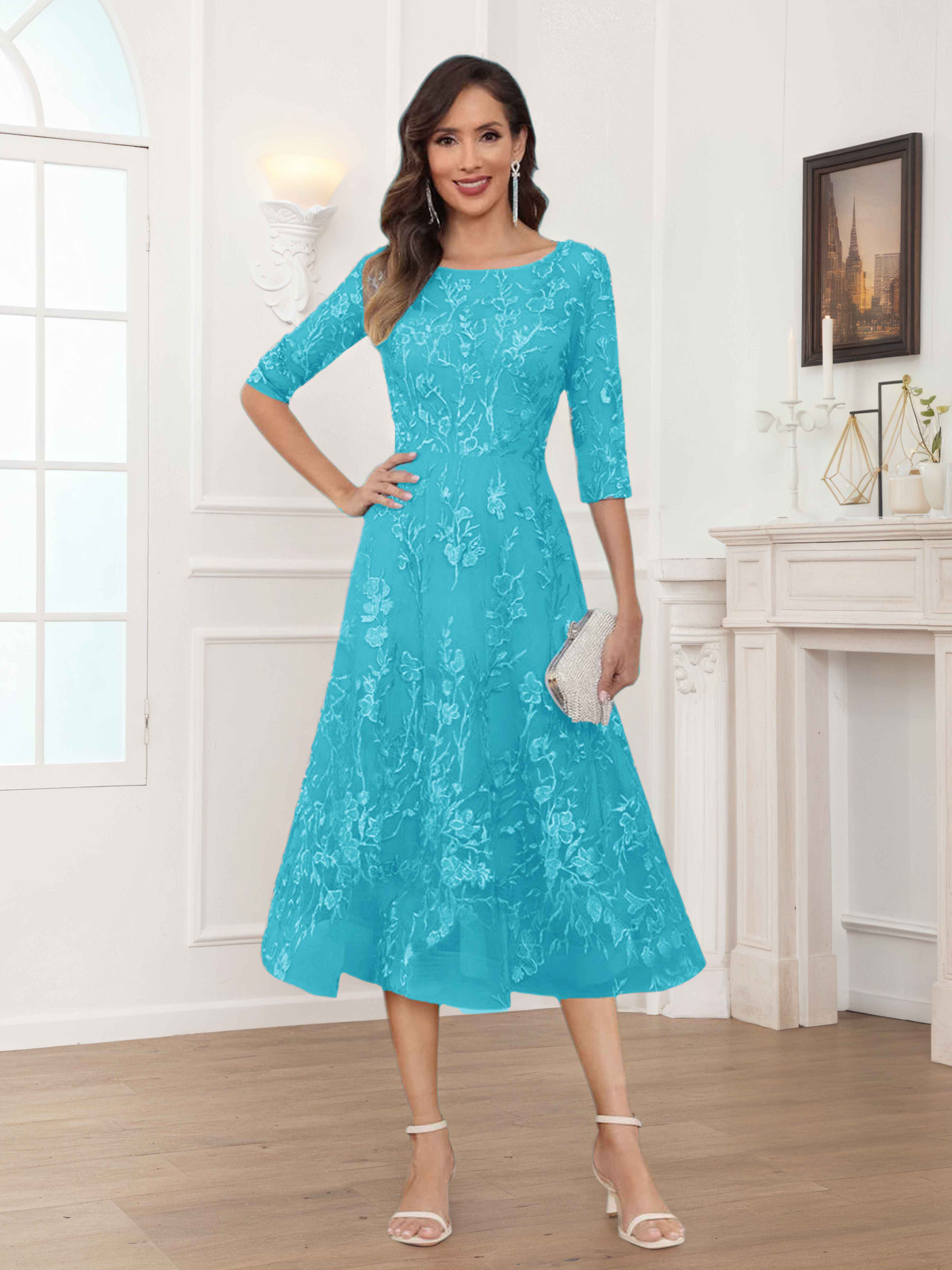 Pax Exquisite A-Line Illusion Lace Tea Length Mother of The Bride Dresses