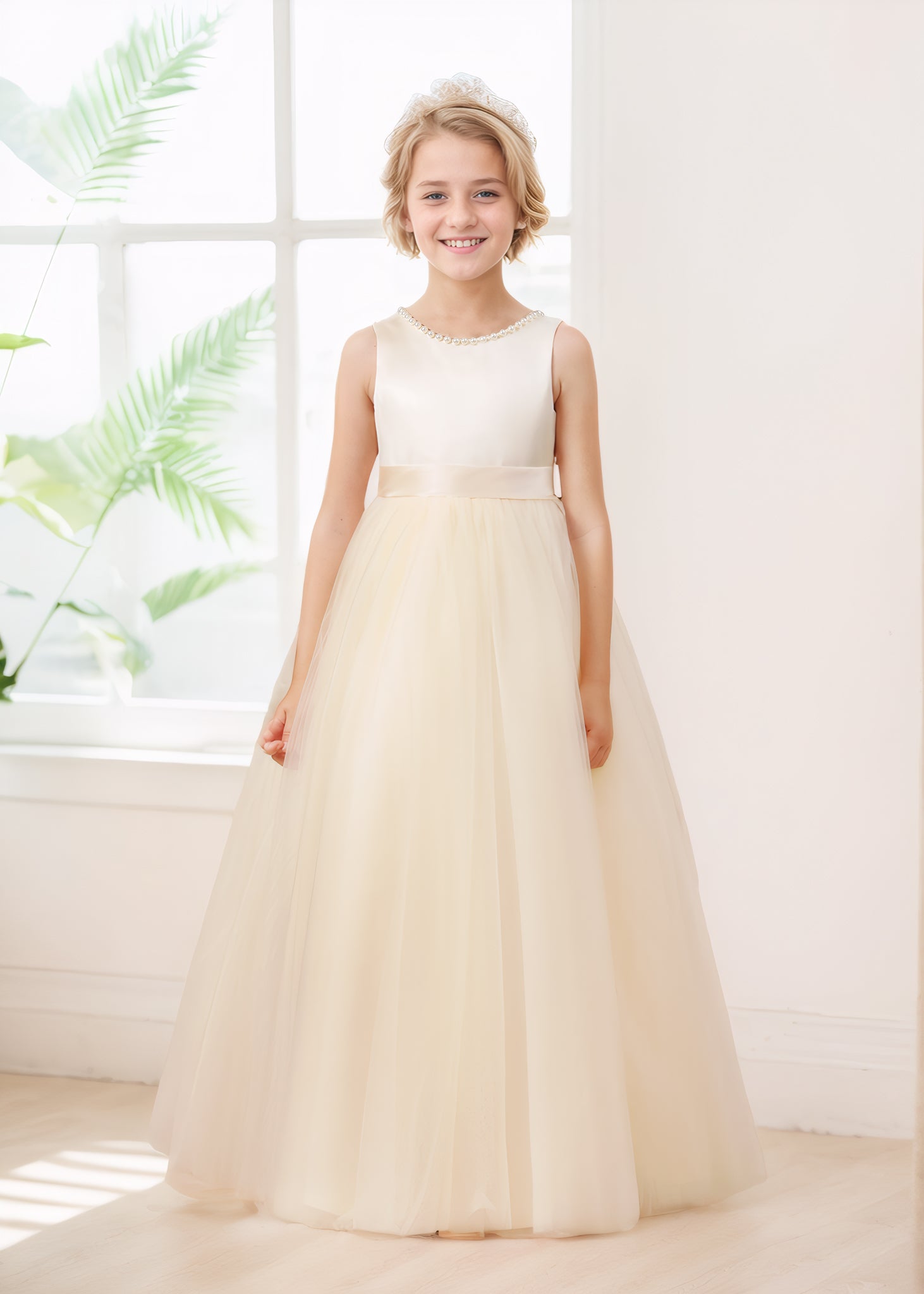 Princess A-line Pearls Bow Back Tulle Long Flower Girl Dresses