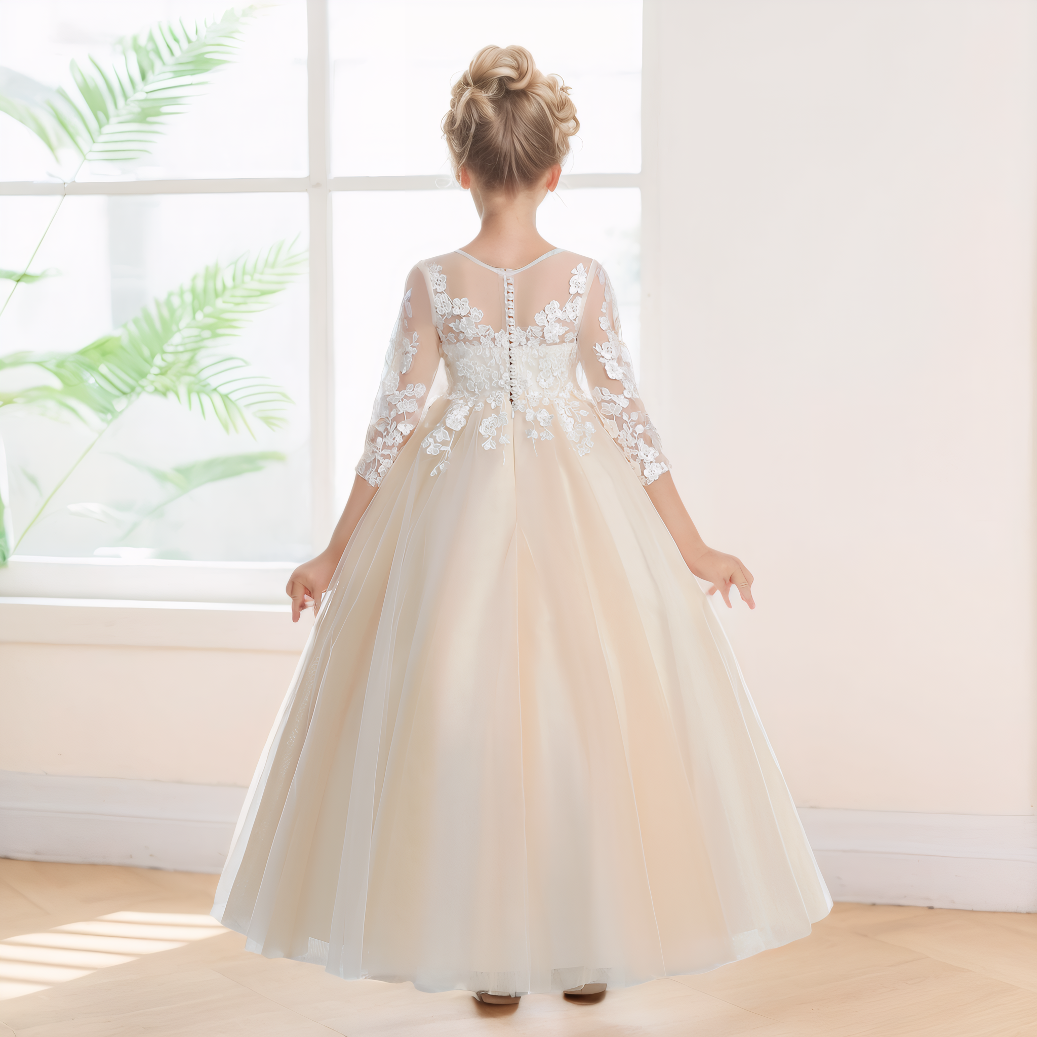 Princess Scoop Applique 3/4 Sleeves Ankle Length Tulle Flower Girl Dresses