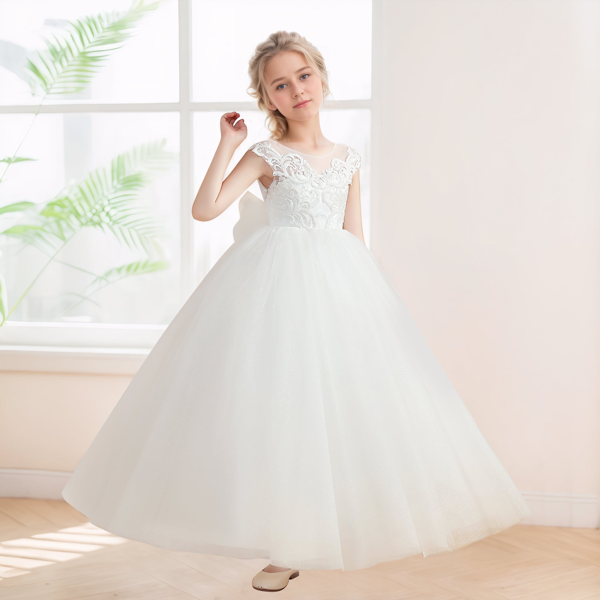 Princess Scoop Bow Back Tulle Applique Long Flower Girl Dresses