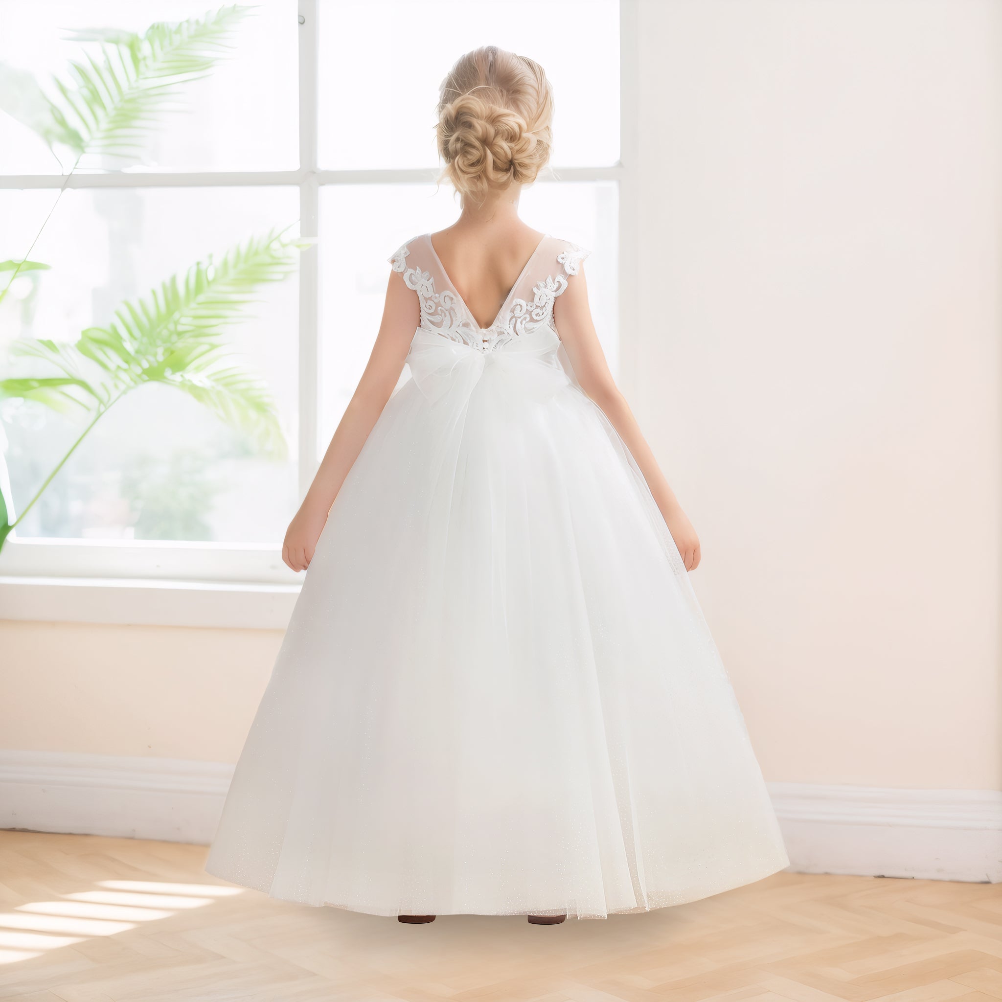 Princess Scoop Bow Back Tulle Applique Long Flower Girl Dresses