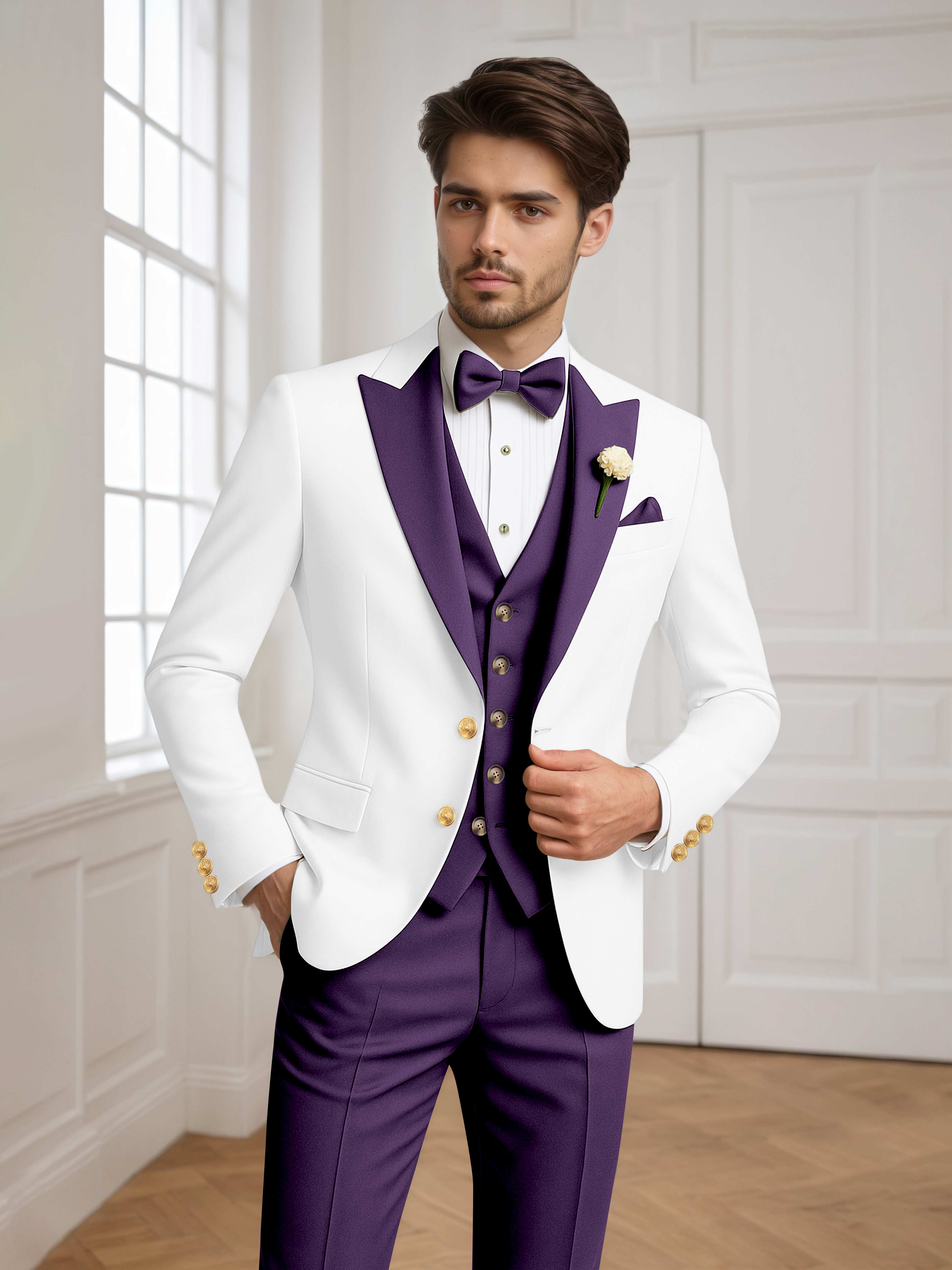Color Block Peak Lapel Men's 3 Pieces Suit for Groom Wedding & Prom