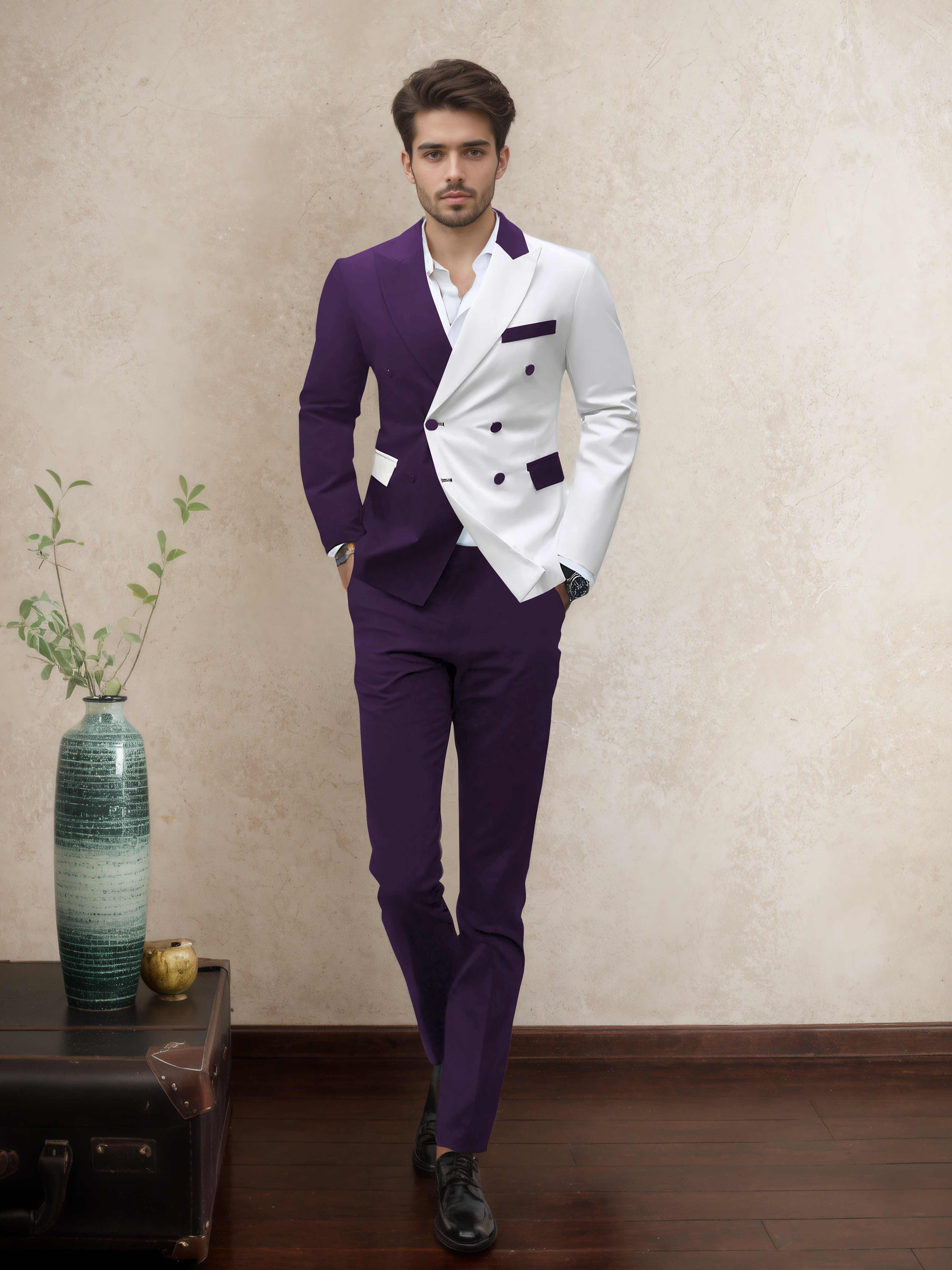Refined 2 Pieces Men’s Evening Suit Tailored Fit Double Breasted Peak Lapel Contrast