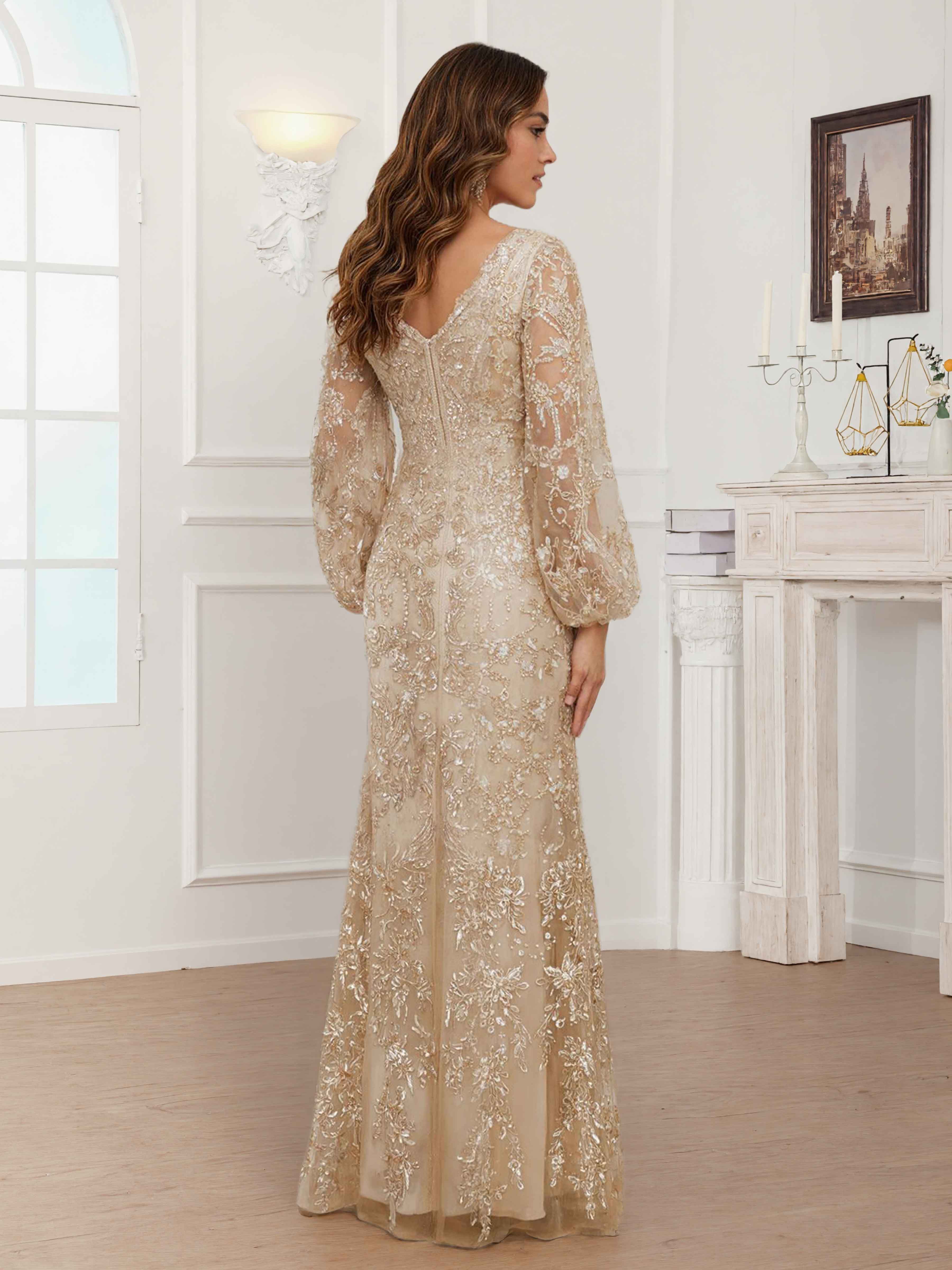 Qaelithra Modest V-Neck Long Sleeves Floor Length Lace Mother of The Bride Dresses