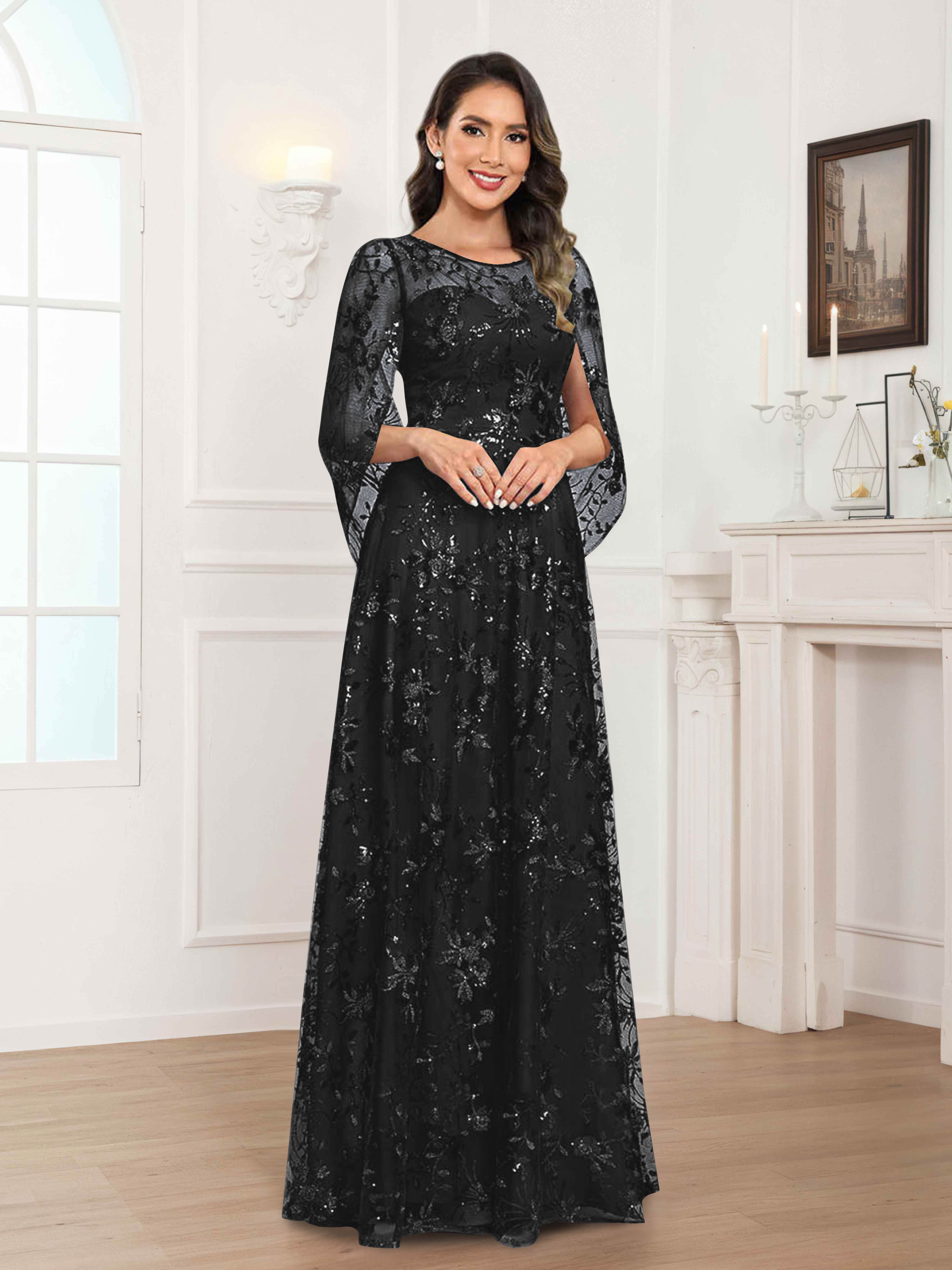 Quenella Chic A-line Illusion Sequin Lace Floor Length Mother of the Bride Dresses