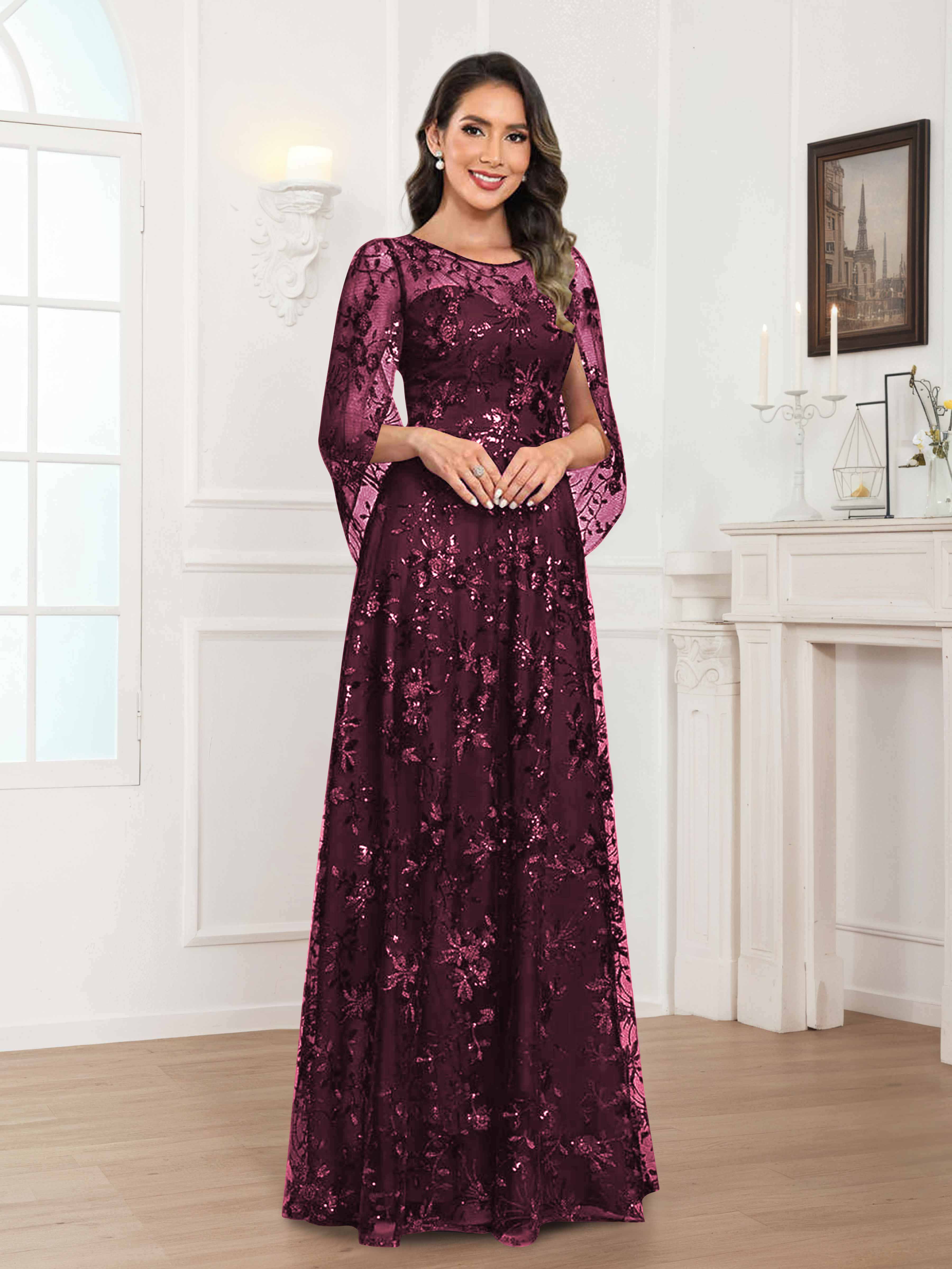 Quenella Chic A-line Illusion Sequin Lace Floor Length Mother of the Bride Dresses