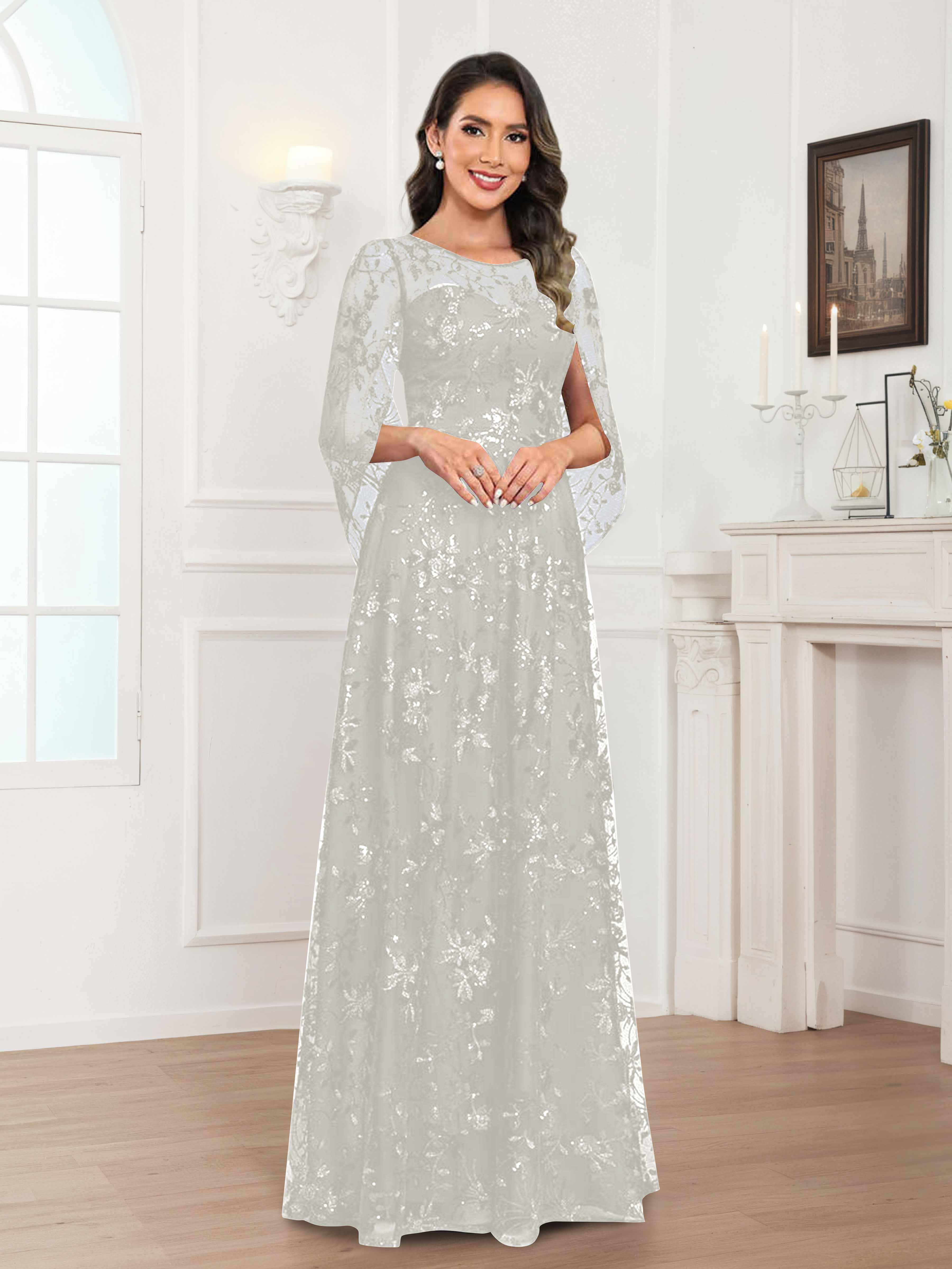 Quenella Chic A-line Illusion Sequin Lace Floor Length Mother of the Bride Dresses