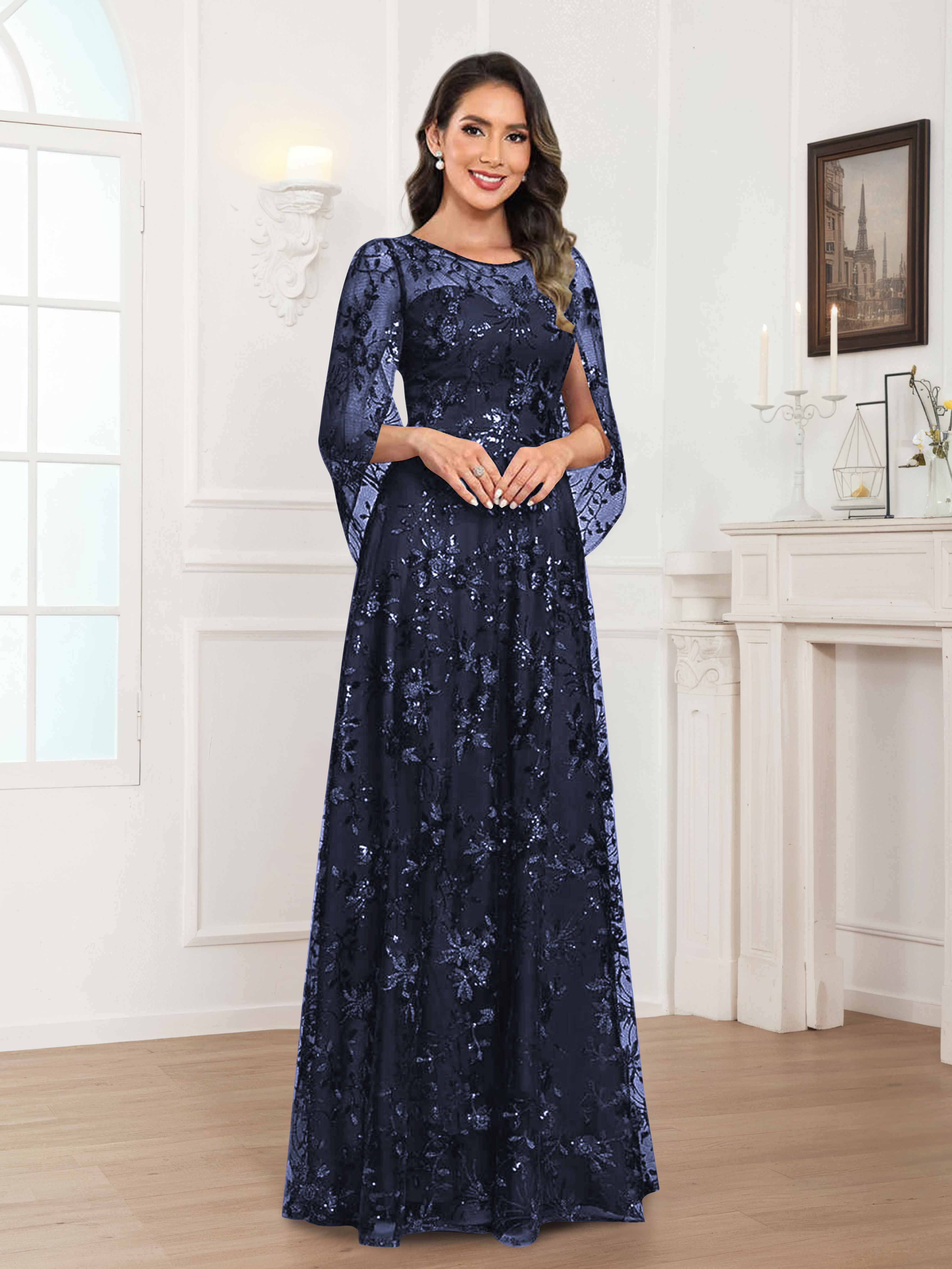 Quenella Chic A-line Illusion Sequin Lace Floor Length Mother of the Bride Dresses