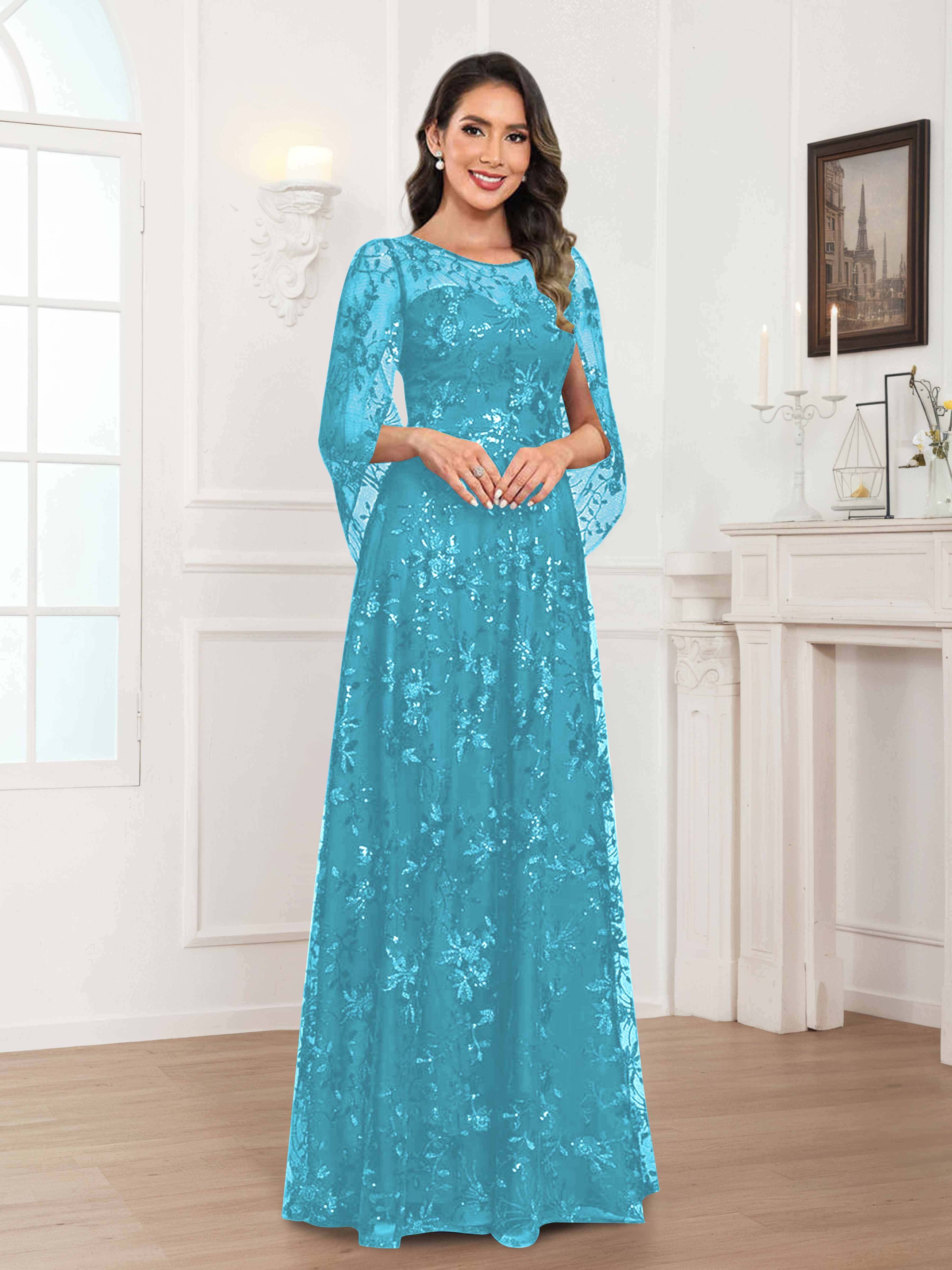 Quenella Chic A-line Illusion Sequin Lace Floor Length Mother of the Bride Dresses