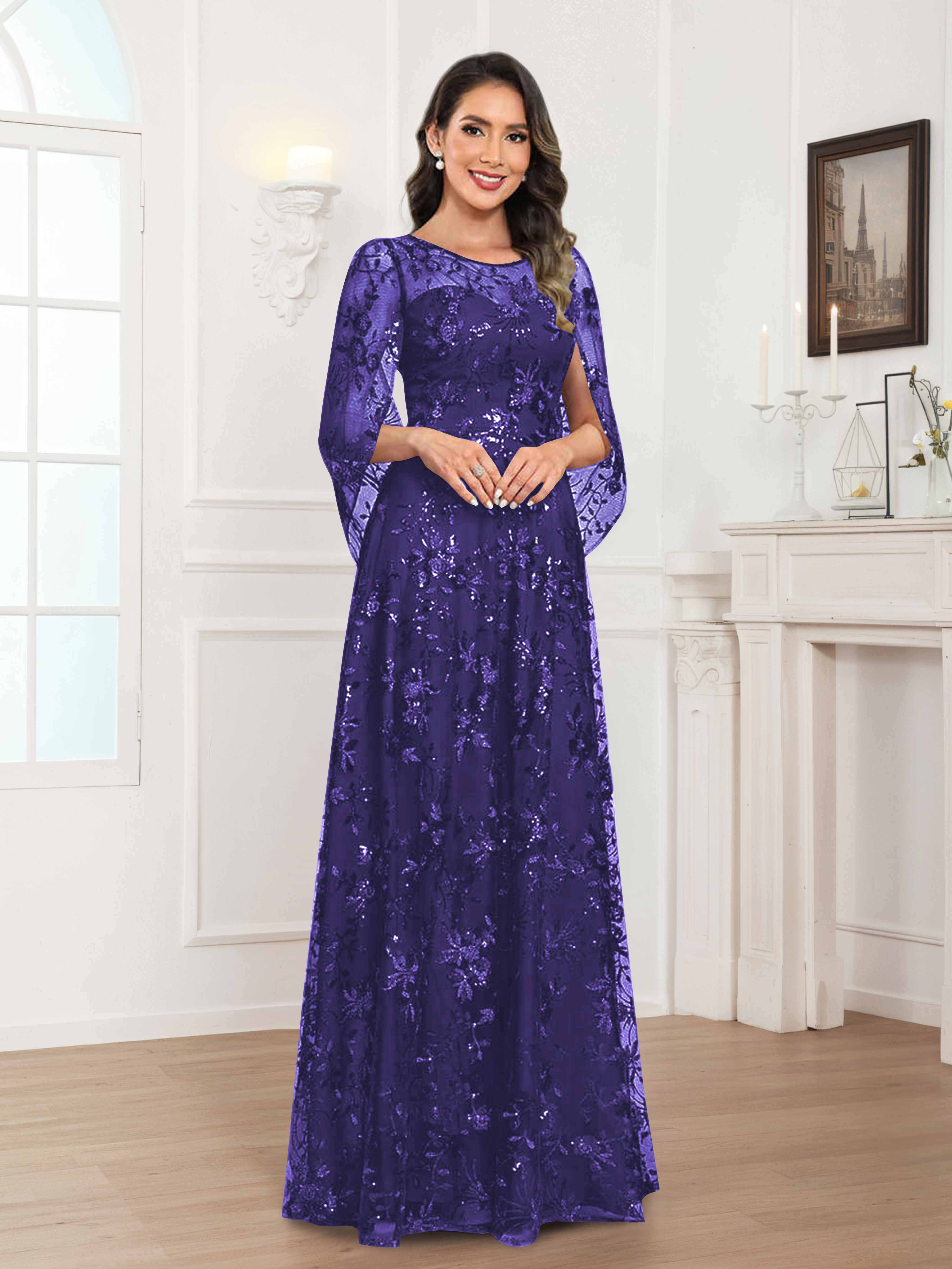 Quenella Chic A-line Illusion Sequin Lace Floor Length Mother of the Bride Dresses