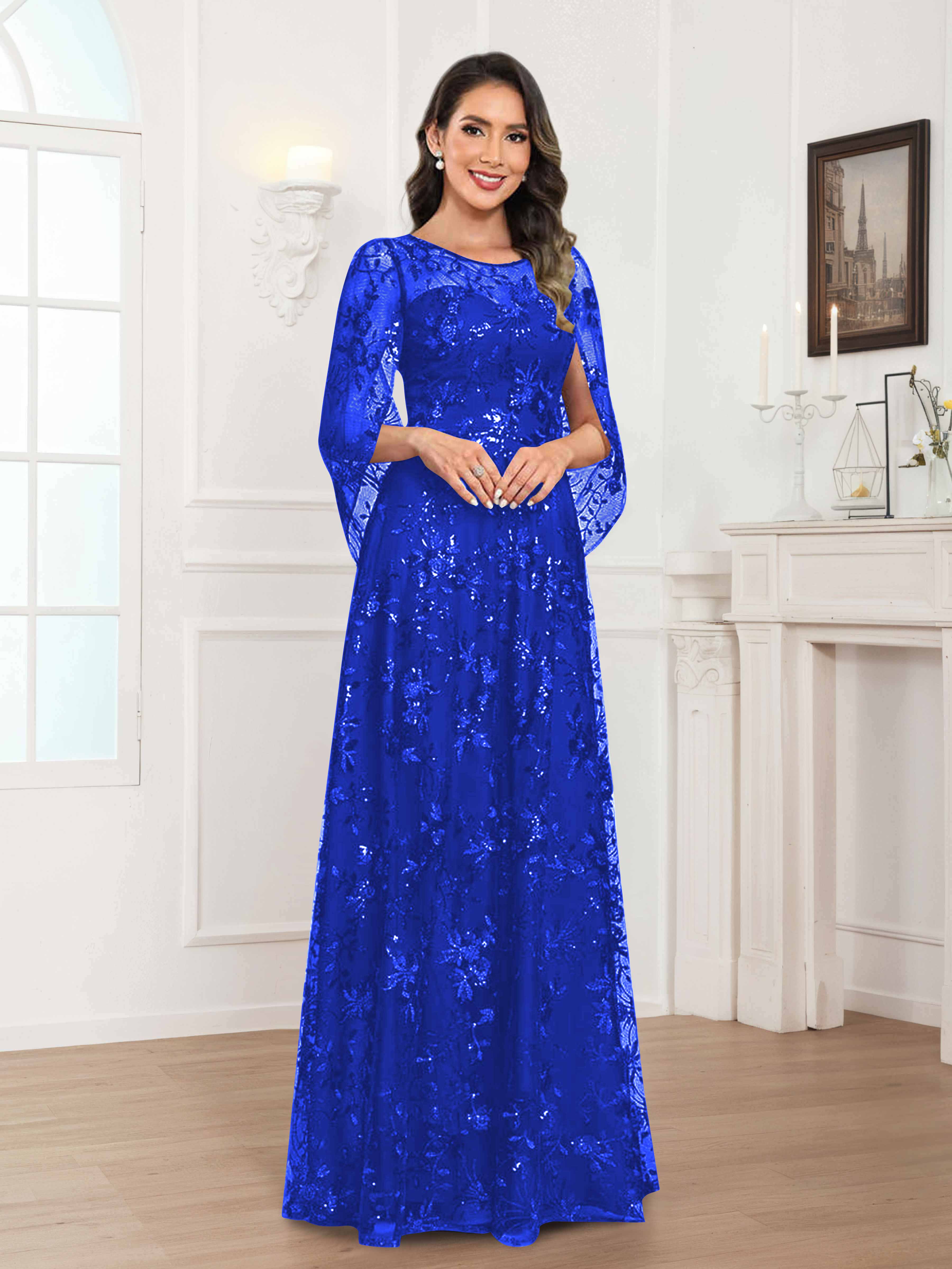 Quenella Chic A-line Illusion Sequin Lace Floor Length Mother of the Bride Dresses