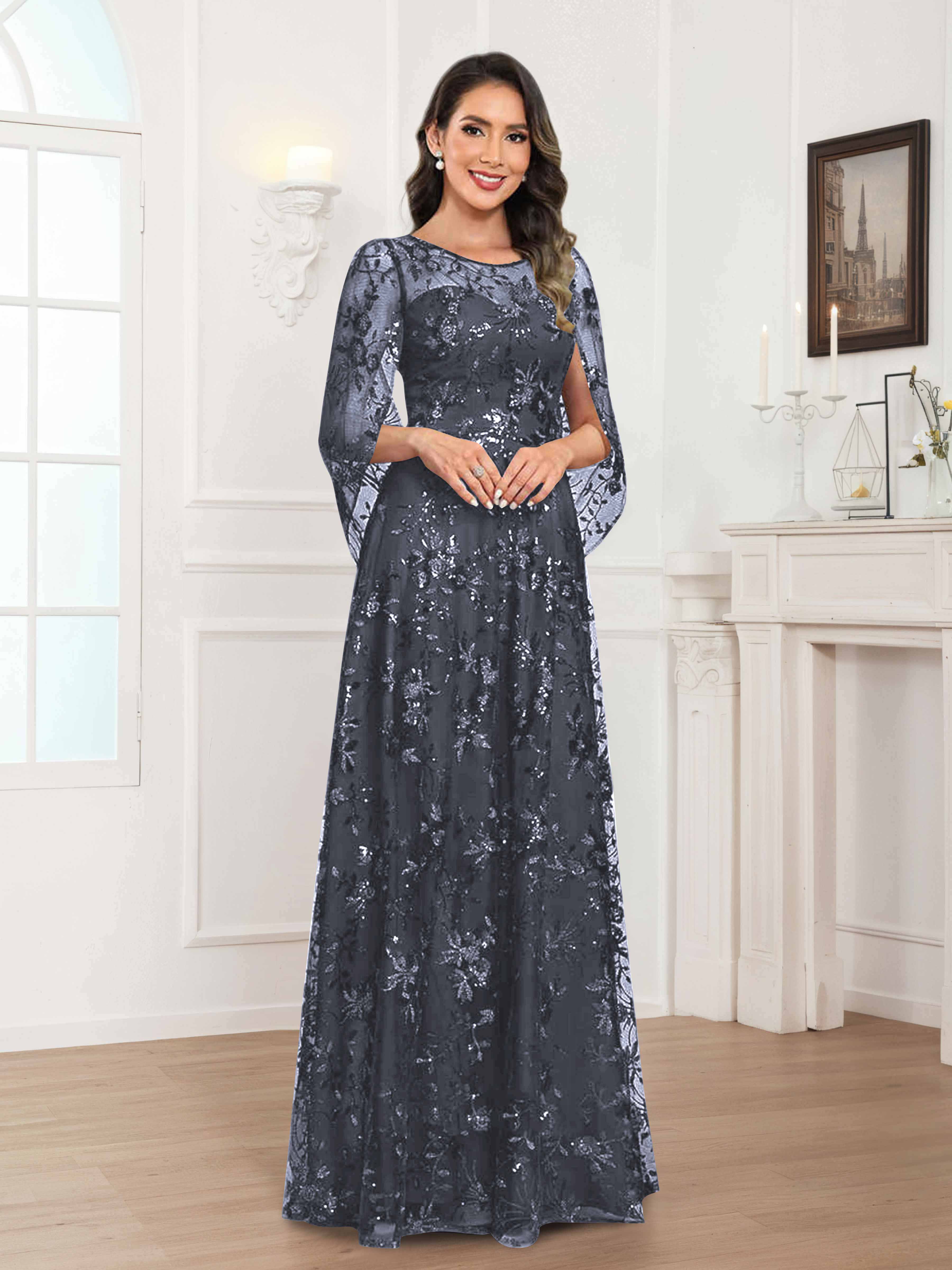 Quenella Chic A-line Illusion Sequin Lace Floor Length Mother of the Bride Dresses