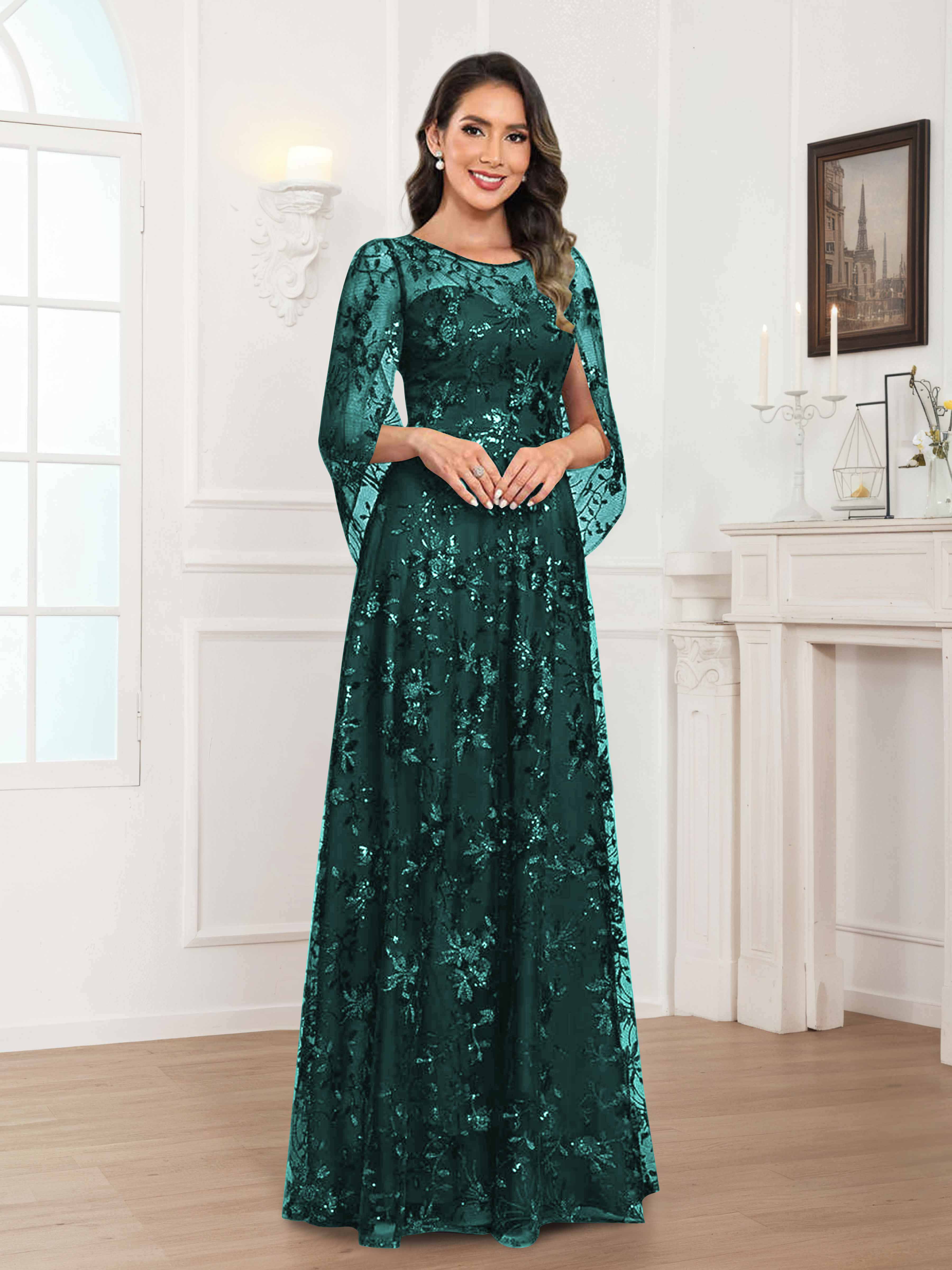 Quenella Chic A-line Illusion Sequin Lace Floor Length Mother of the Bride Dresses