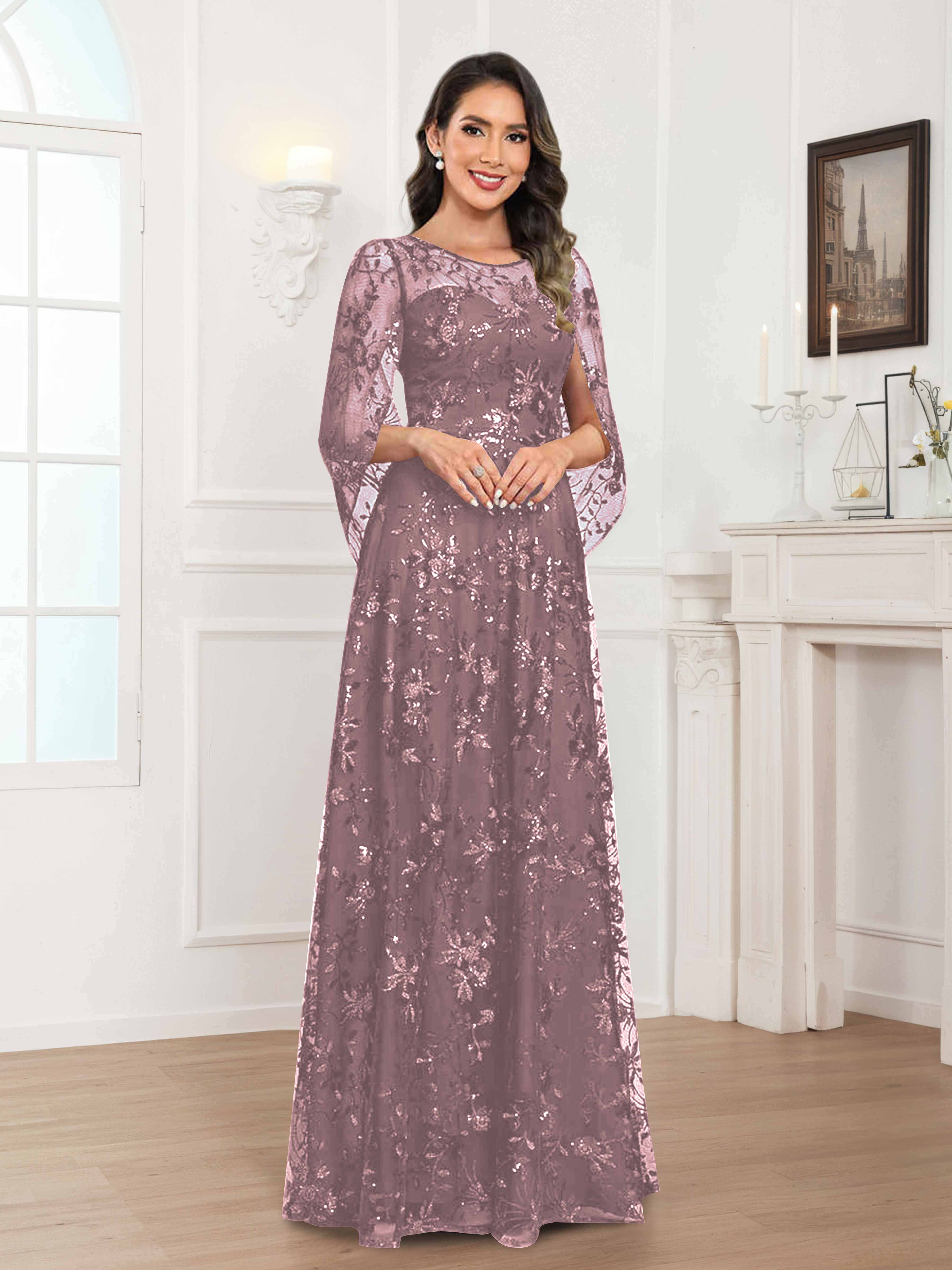 Quenella Chic A-line Illusion Sequin Lace Floor Length Mother of the Bride Dresses