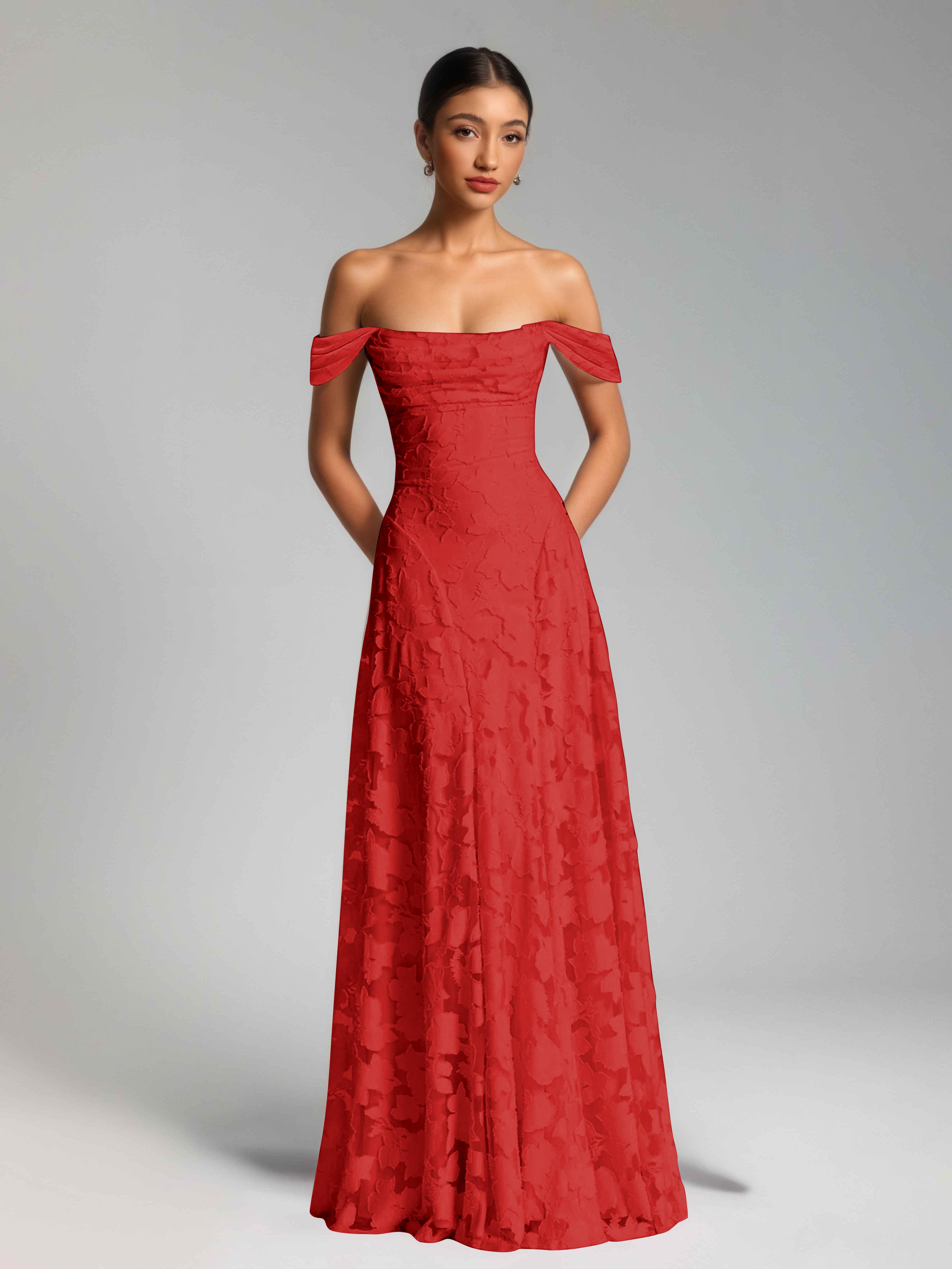 Oraelithra Charming A-Line Off the Shoulder Long Jacquard Bridesmaid Dresses