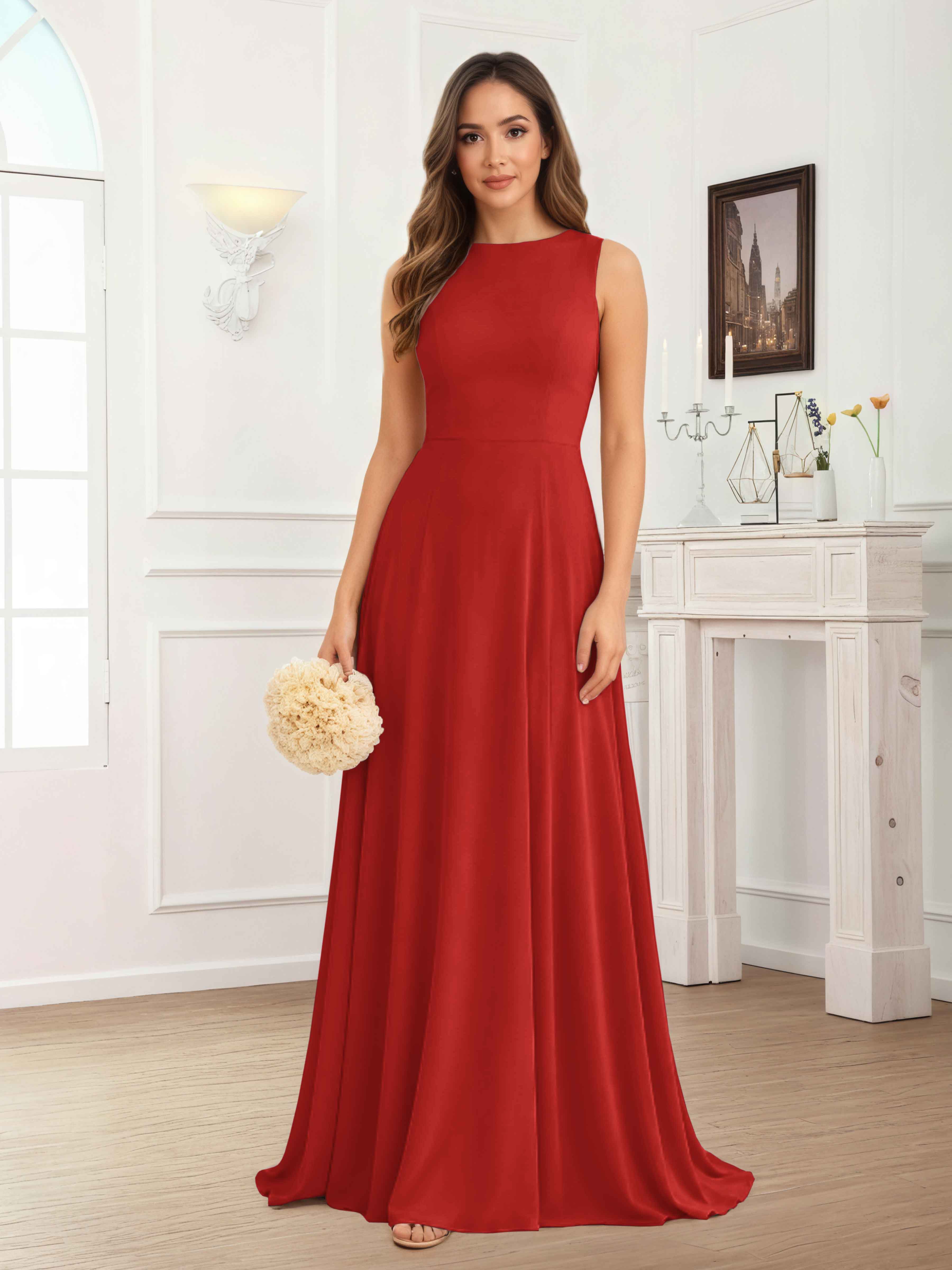 Fraelithra Modest Scoop A-Line Sleeveless Long Bridesmaid Dresses