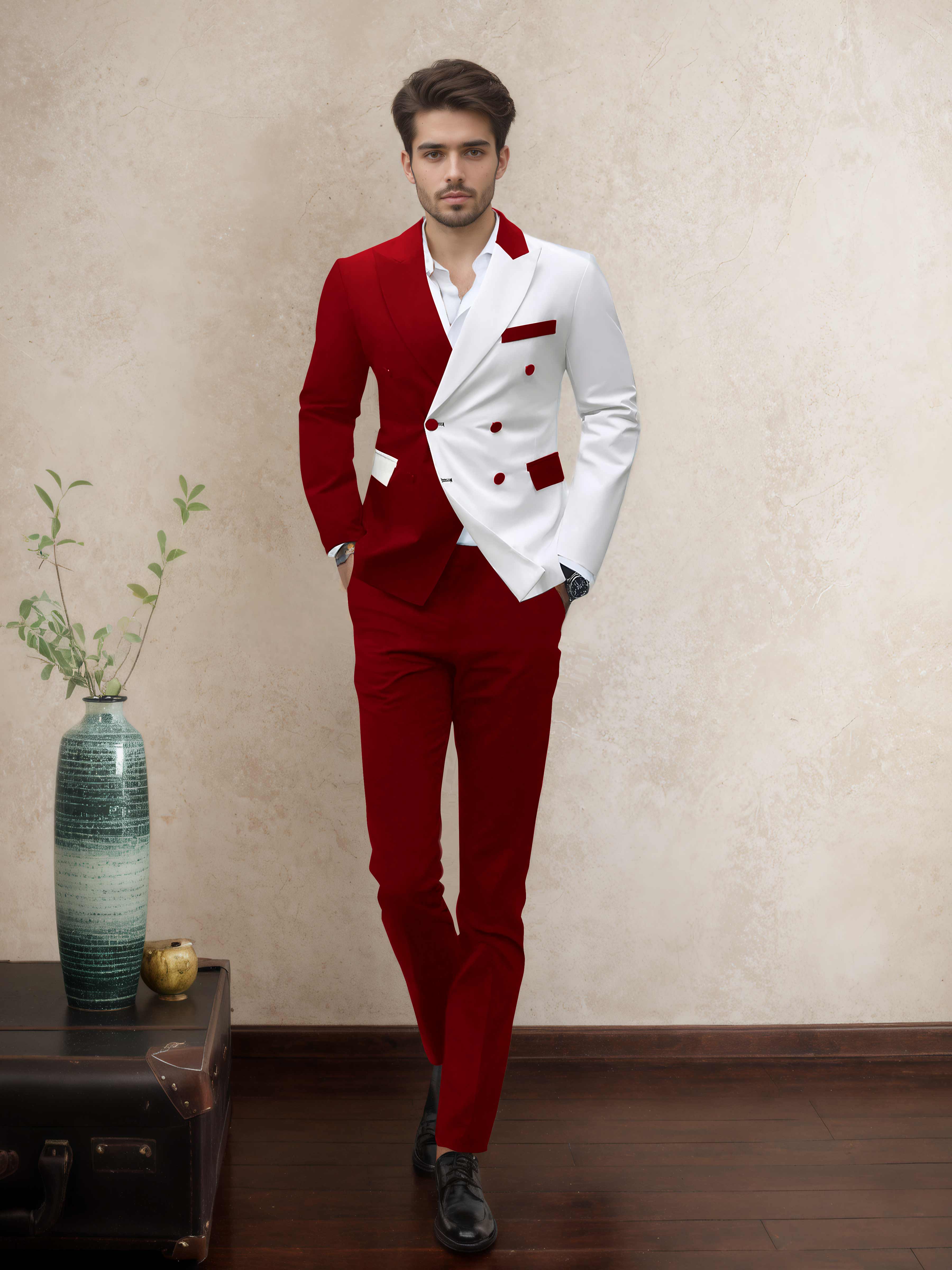Refined 2 Pieces Men’s Evening Suit Tailored Fit Double Breasted Peak Lapel Contrast