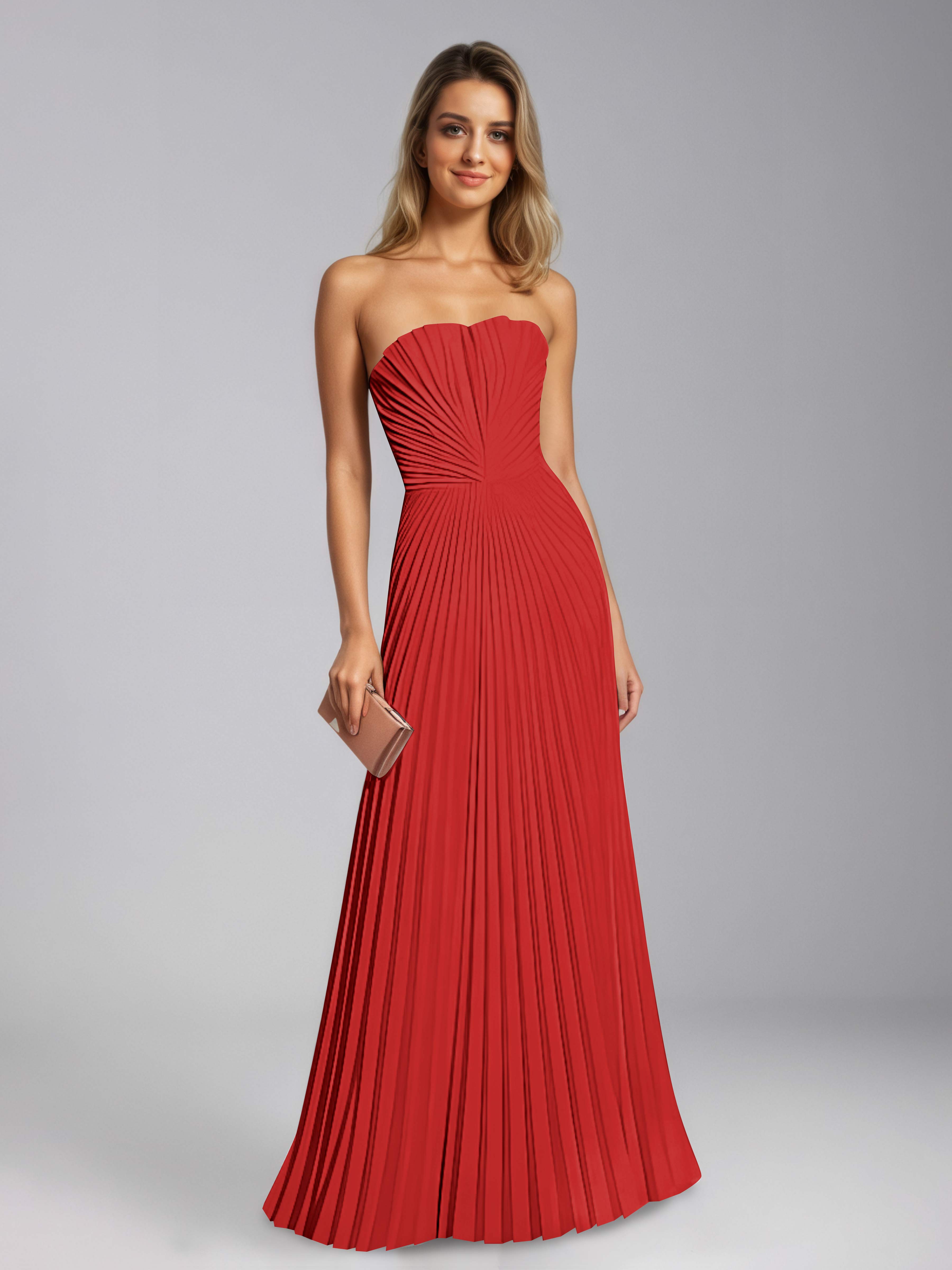 Saelithia Trendy Strapless Pleated Satin Long Prom Dresses, Red Saelithia Trendy Strapless Pleated Satin Long Prom Dresses, Red
