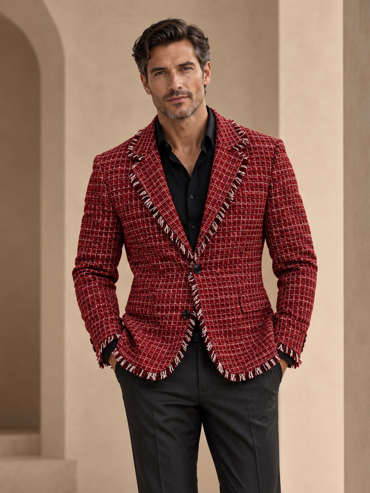 Men's Plaid Tweed 2-Piece Suit with Fringe Trim Blazer & Pants
