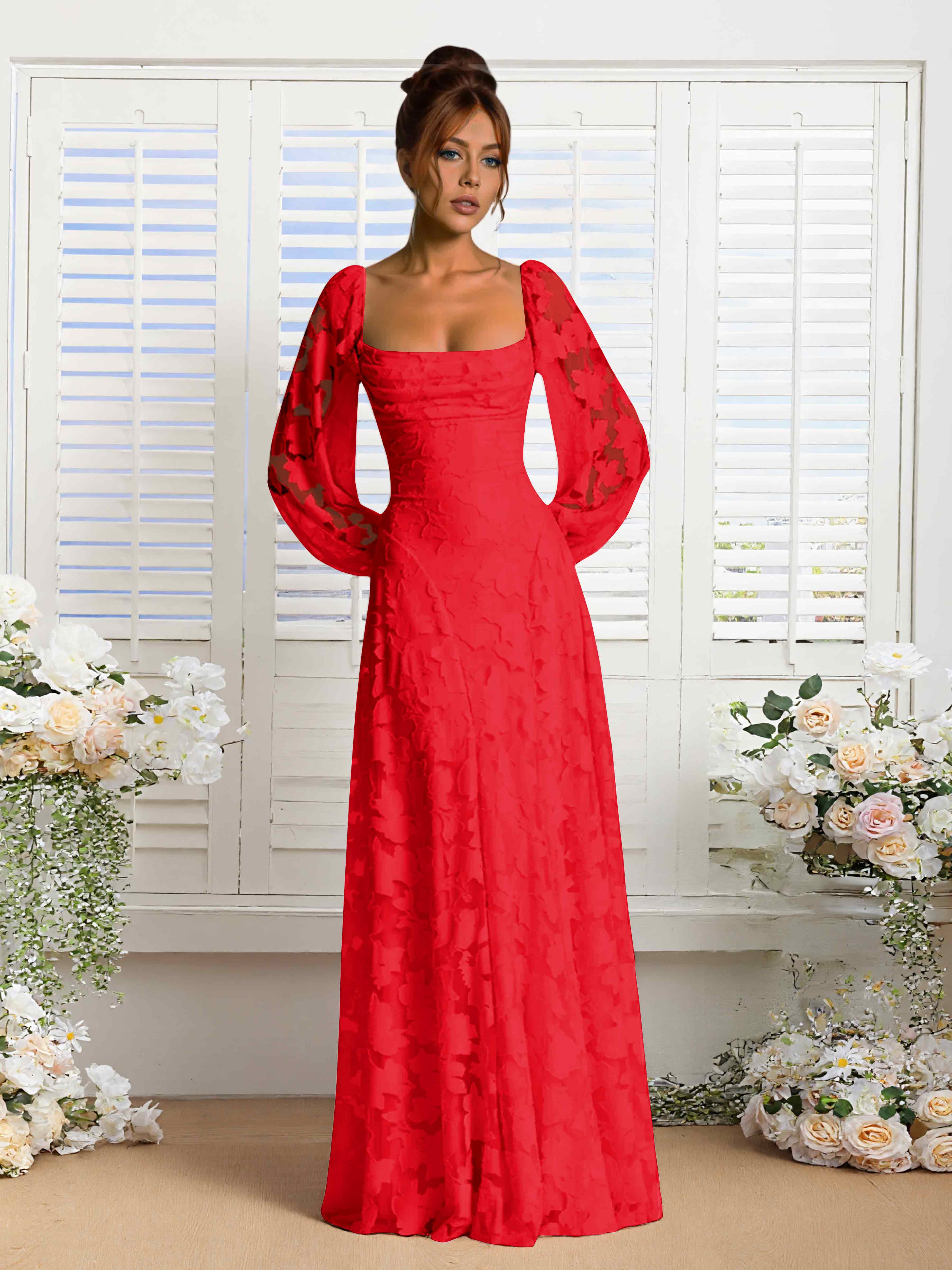 Xandra A-Line Long Sleeves Floor Length Floral Lace Formal Dresses